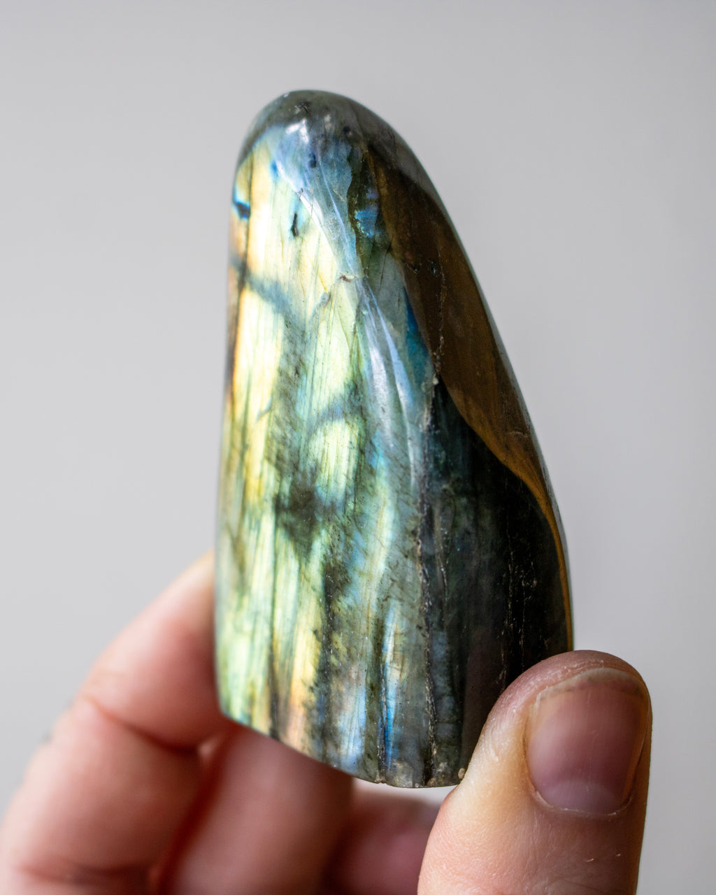 Hand holding a polished labradorite stone against a neutral background