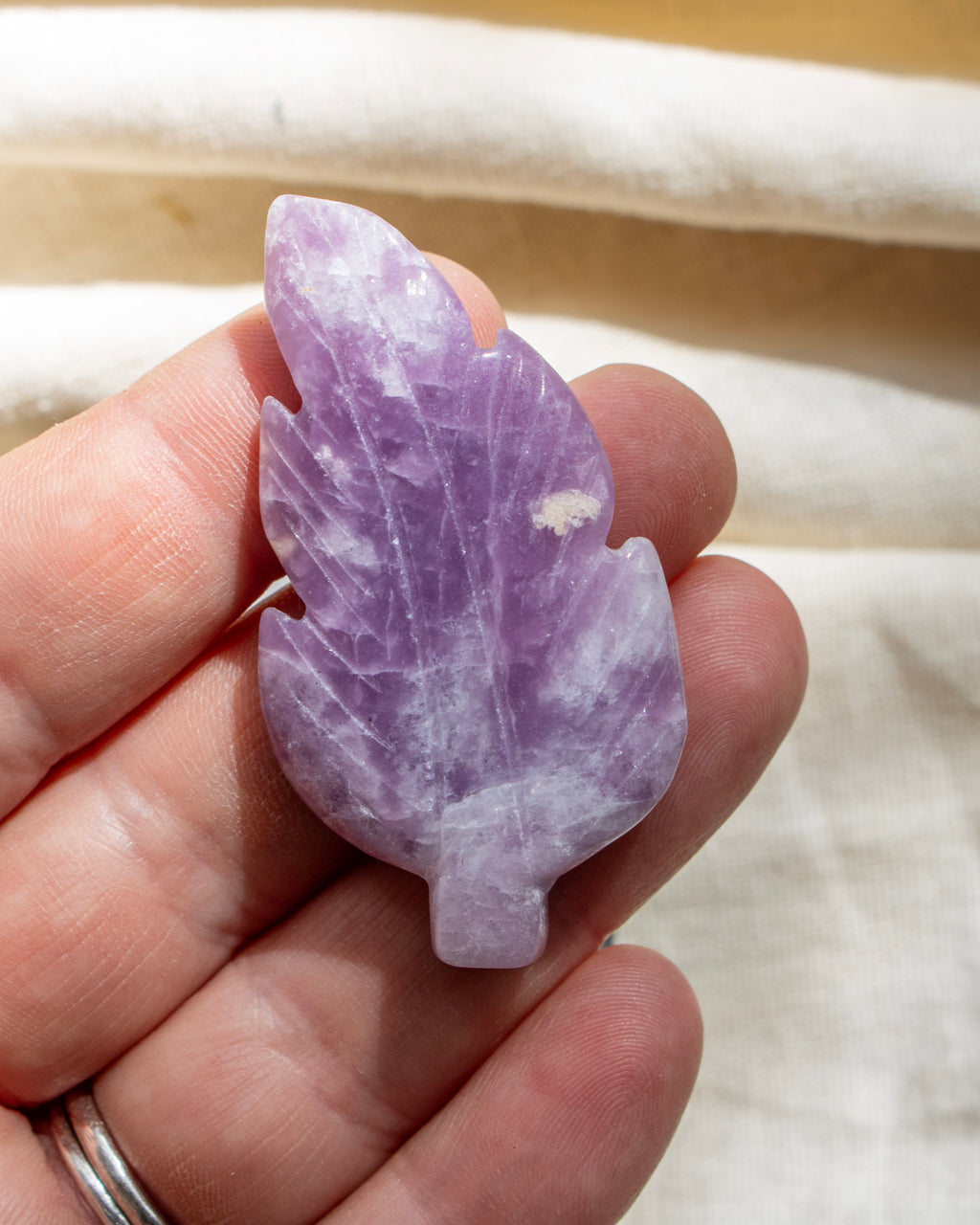 Hand holding a purple leaf-shaped crystal against a neutral background