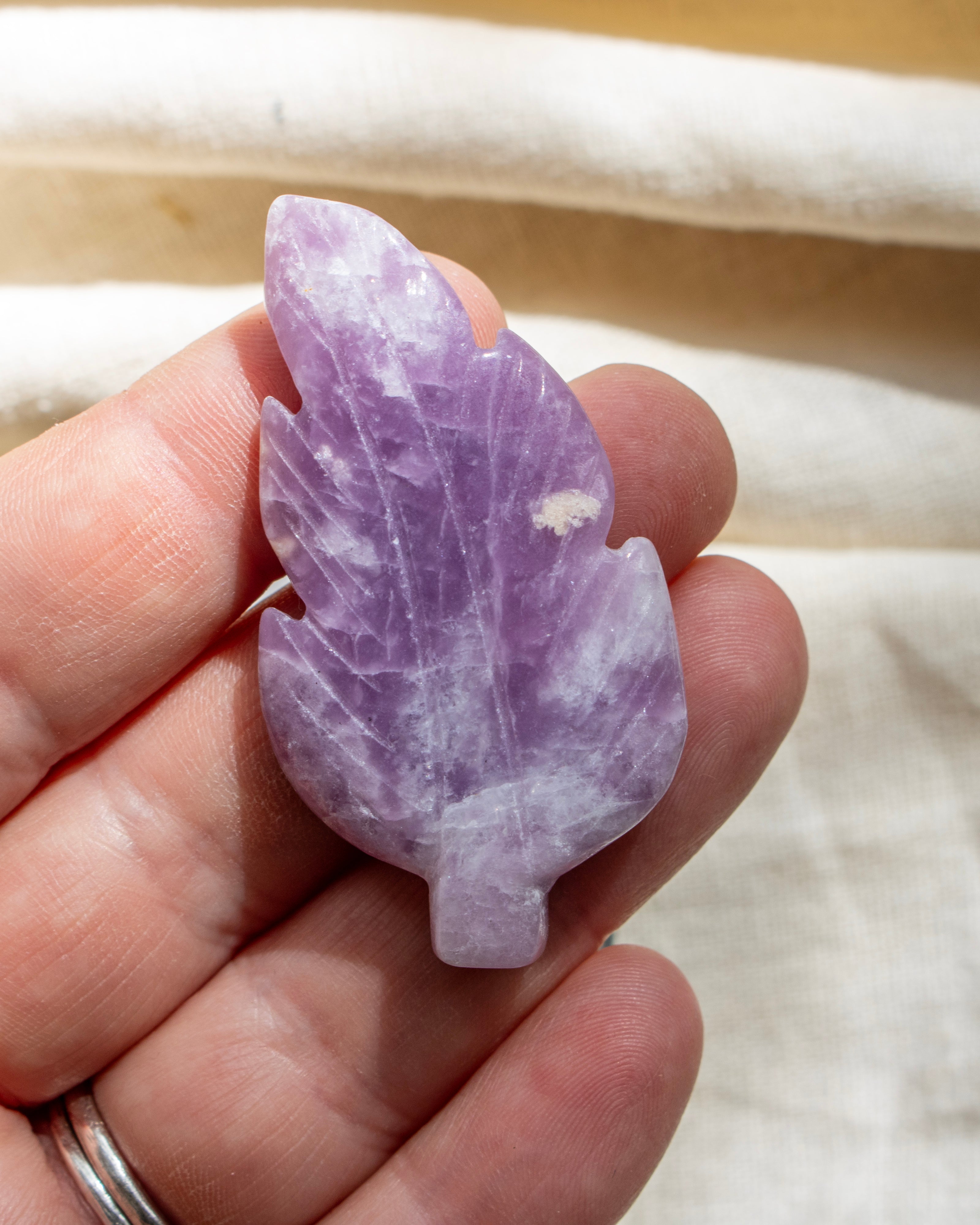 Hand holding a purple leaf-shaped crystal against a neutral background