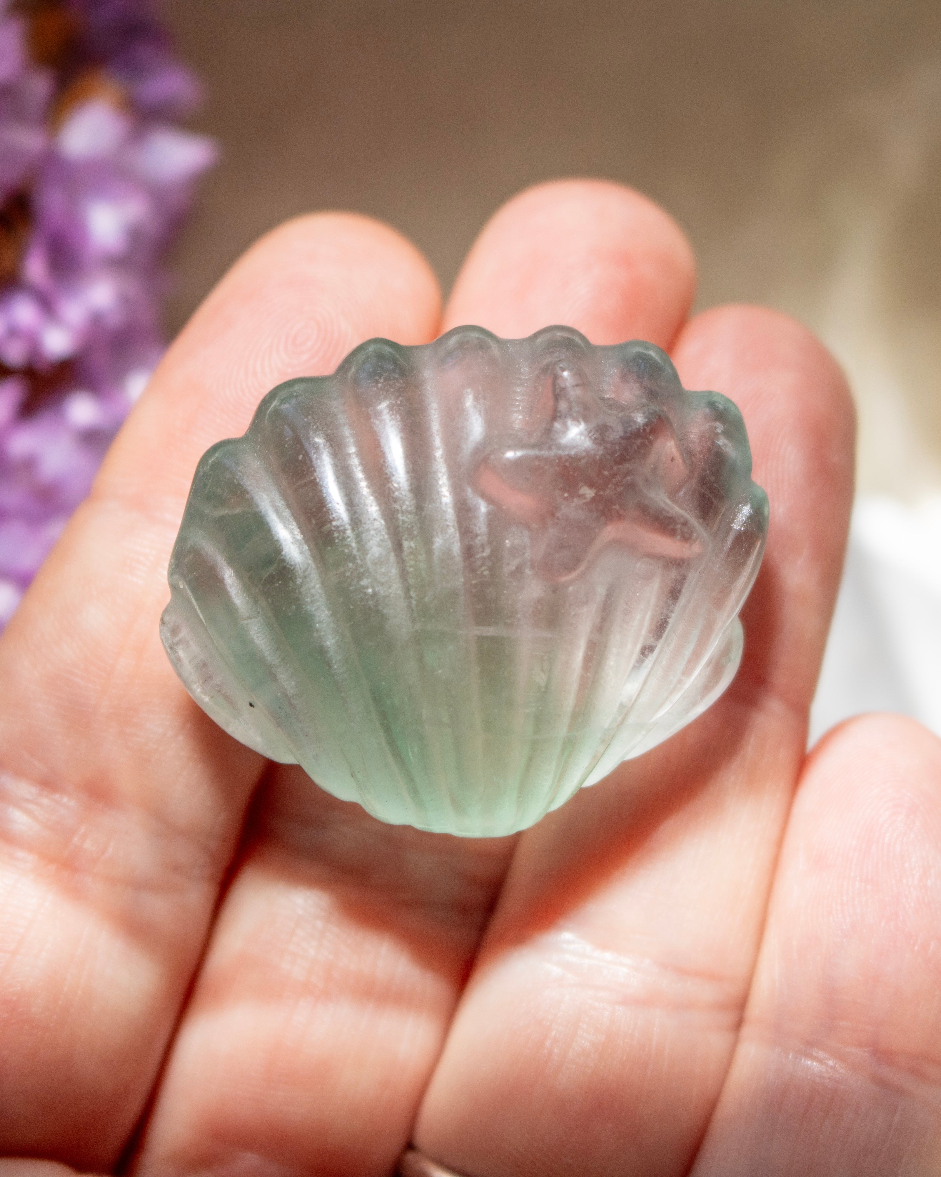Clear gemstone shaped like a shell held in a hand with a blurred background