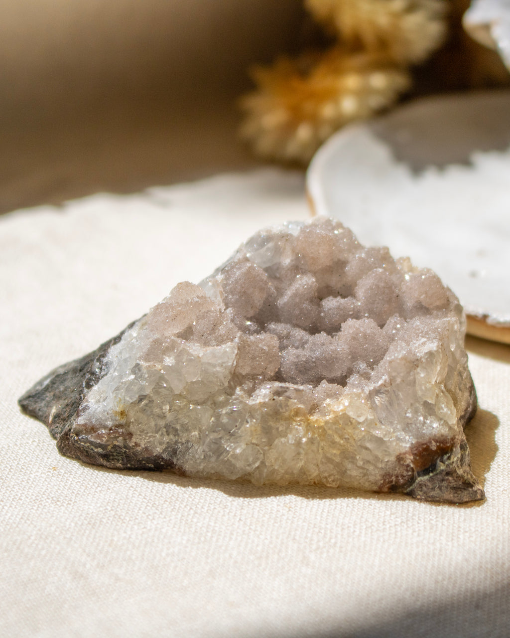 Crystal rock on a white fabric background