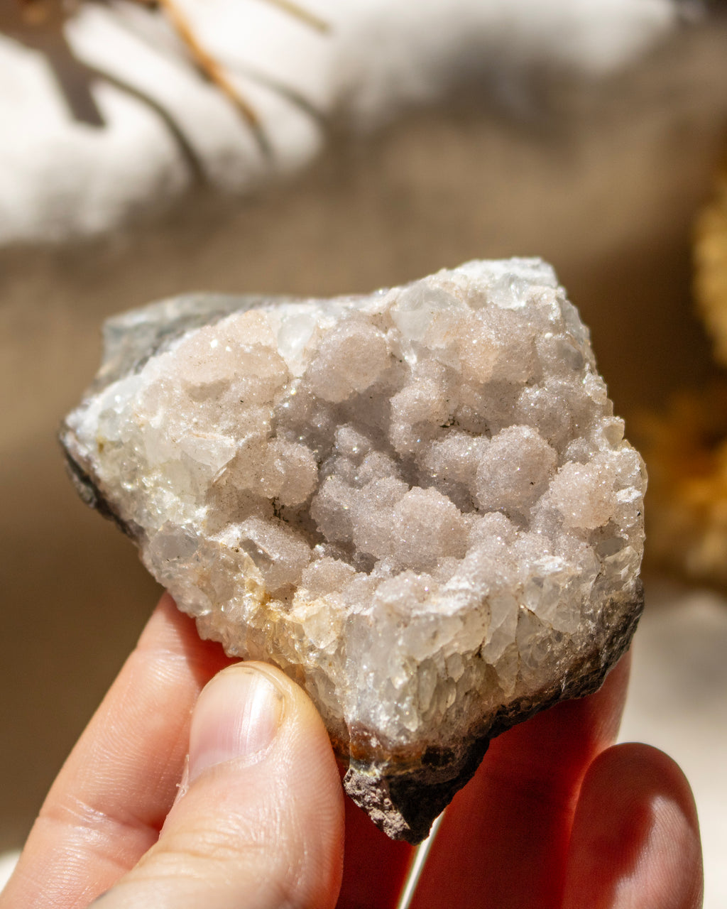 Close-up of a hand holding a crystal rock with a blurred natural background