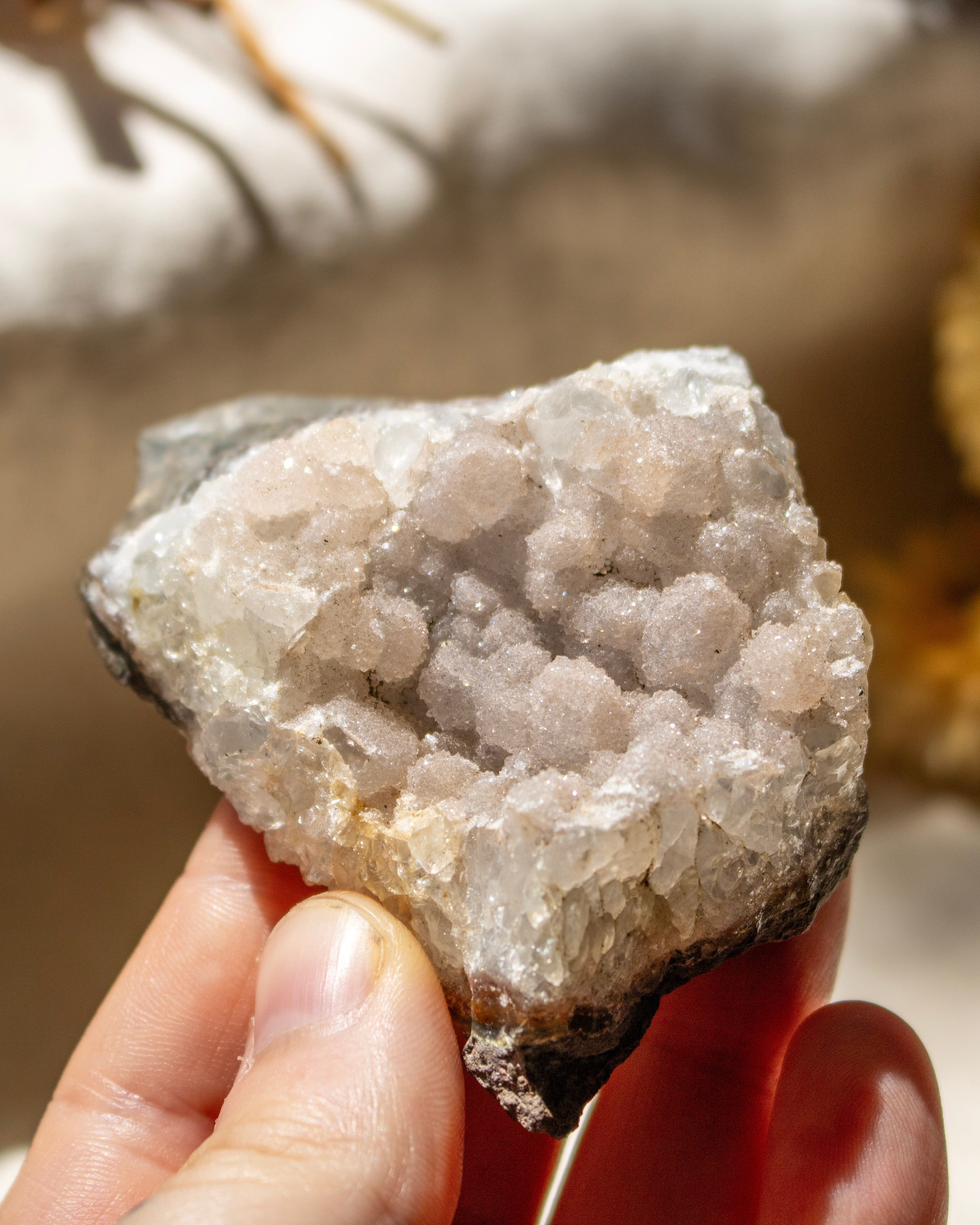 Close-up of a hand holding a crystal rock with a blurred natural background