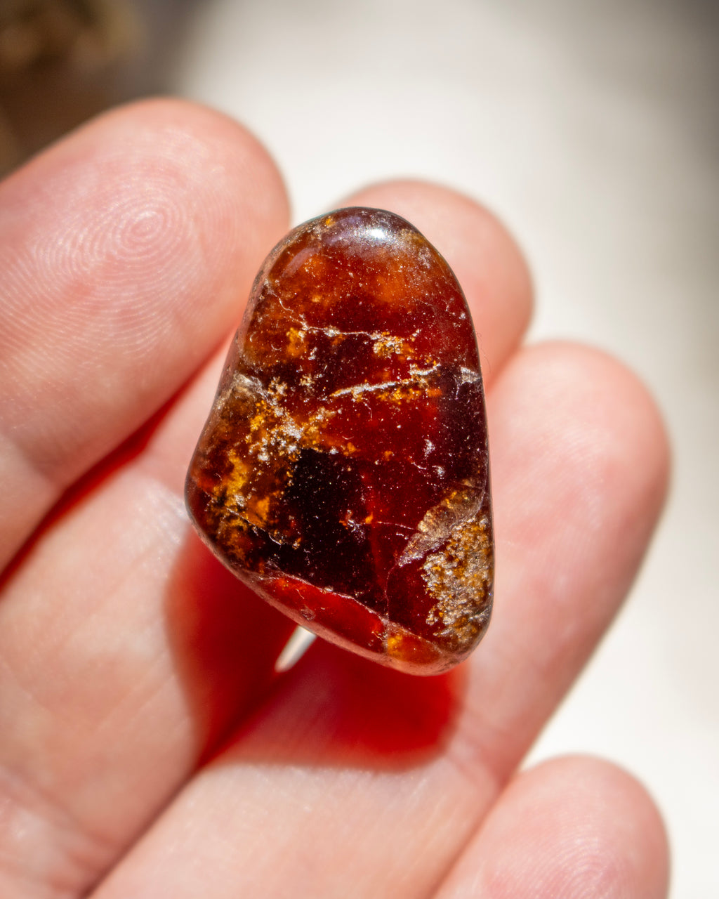 Hand holding a polished amber stone against a blurred background