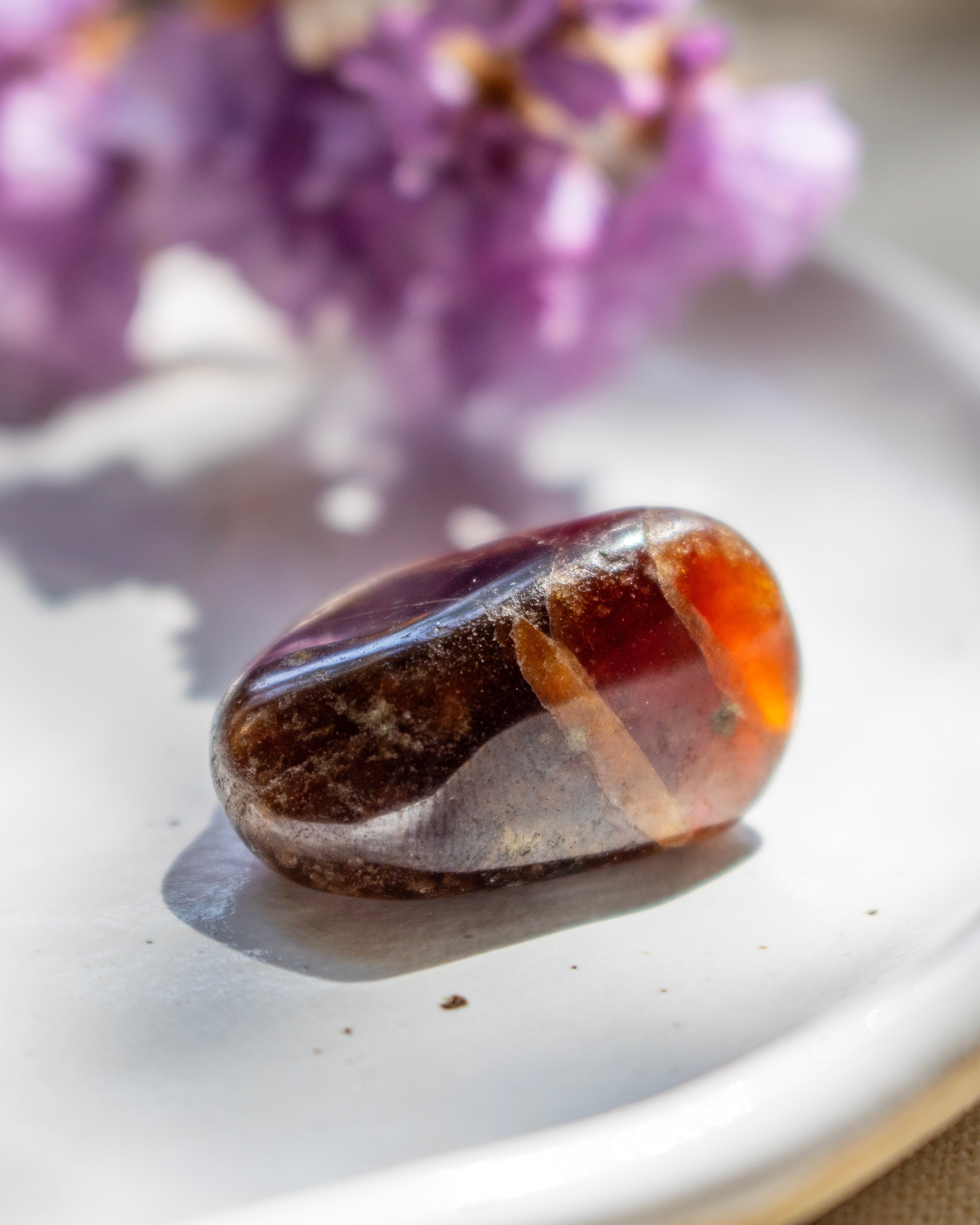 Polished gemstone on a white surface with purple flowers in the background