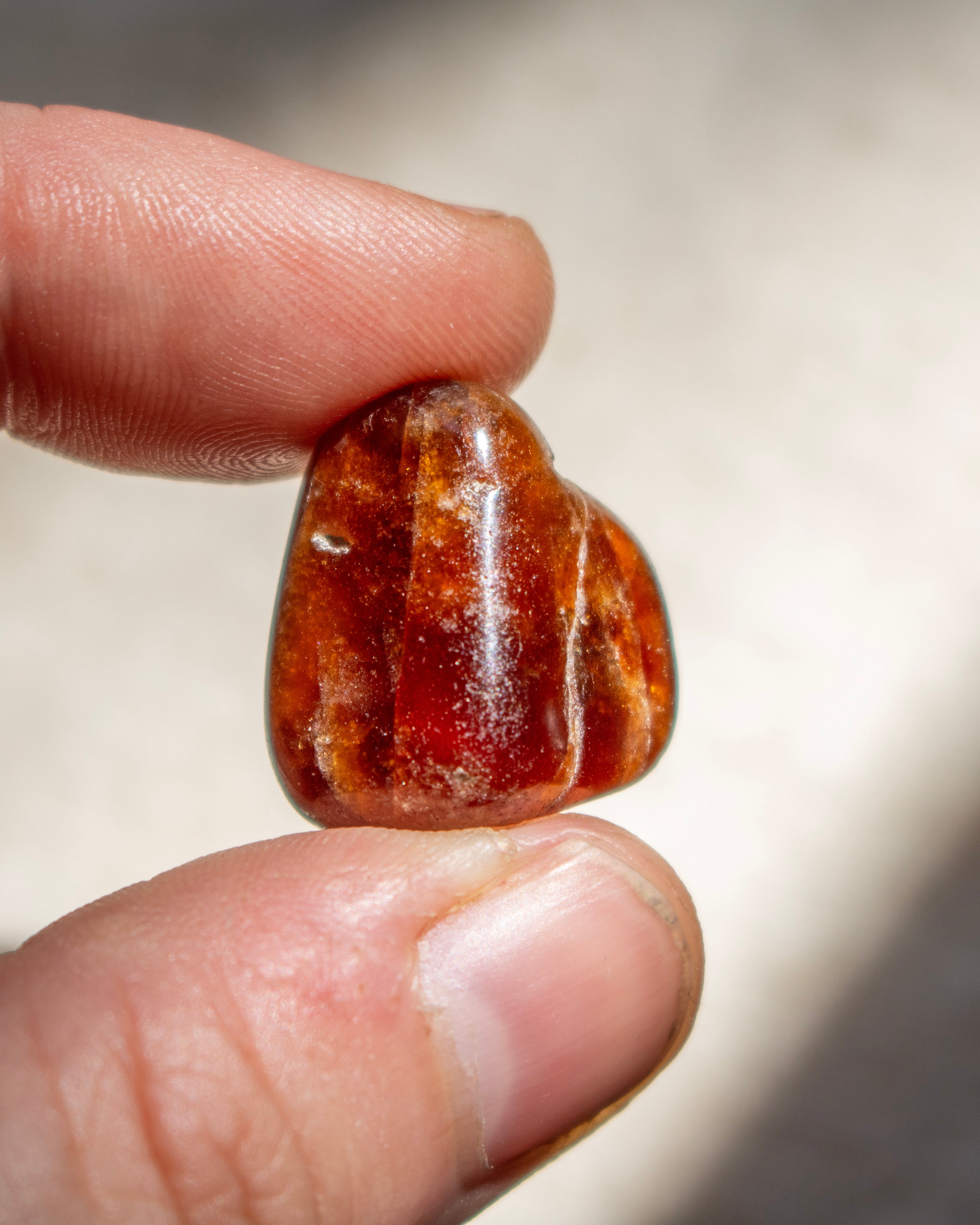 Hand holding a polished red stone against a neutral background