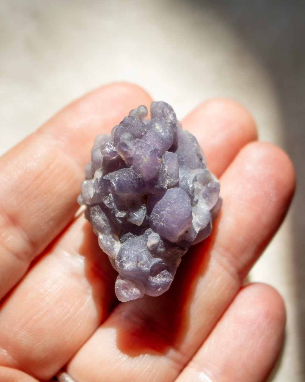 Hand holding a purple crystal cluster against a blurred background