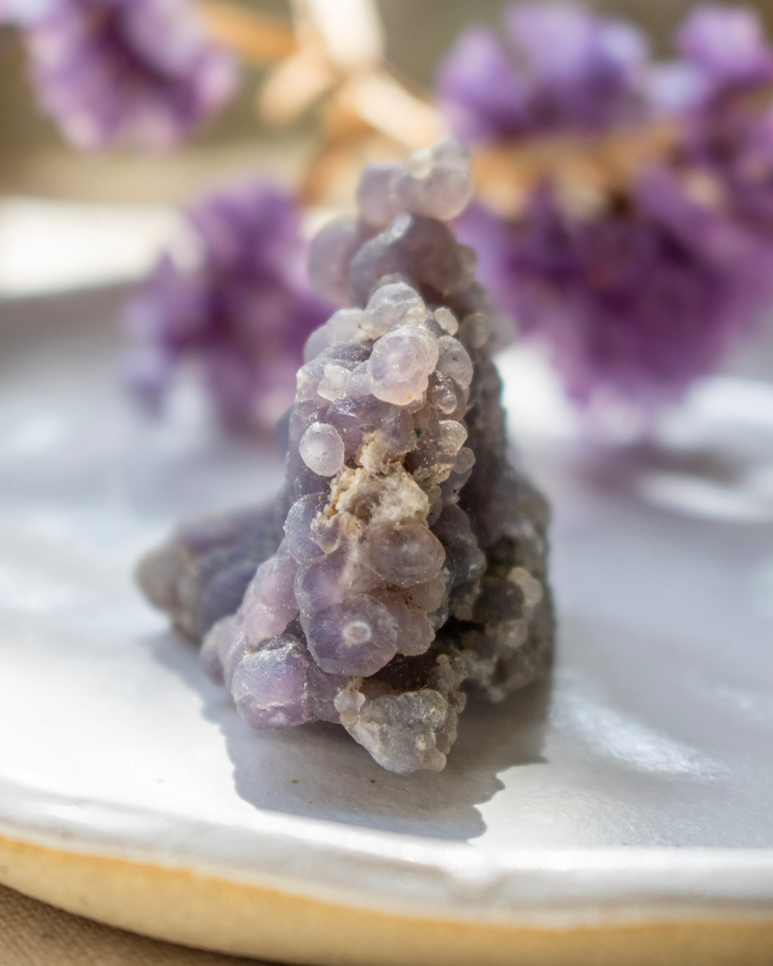Close-up of a purple crystal on a reflective surface with blurred purple flowers in the background.