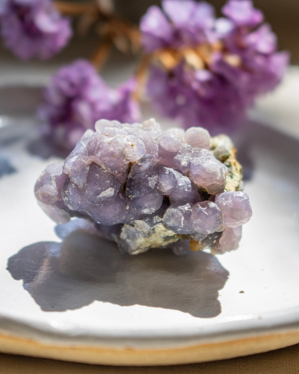 Close-up of a purple crystal on a reflective surface with blurred purple flowers in the background.