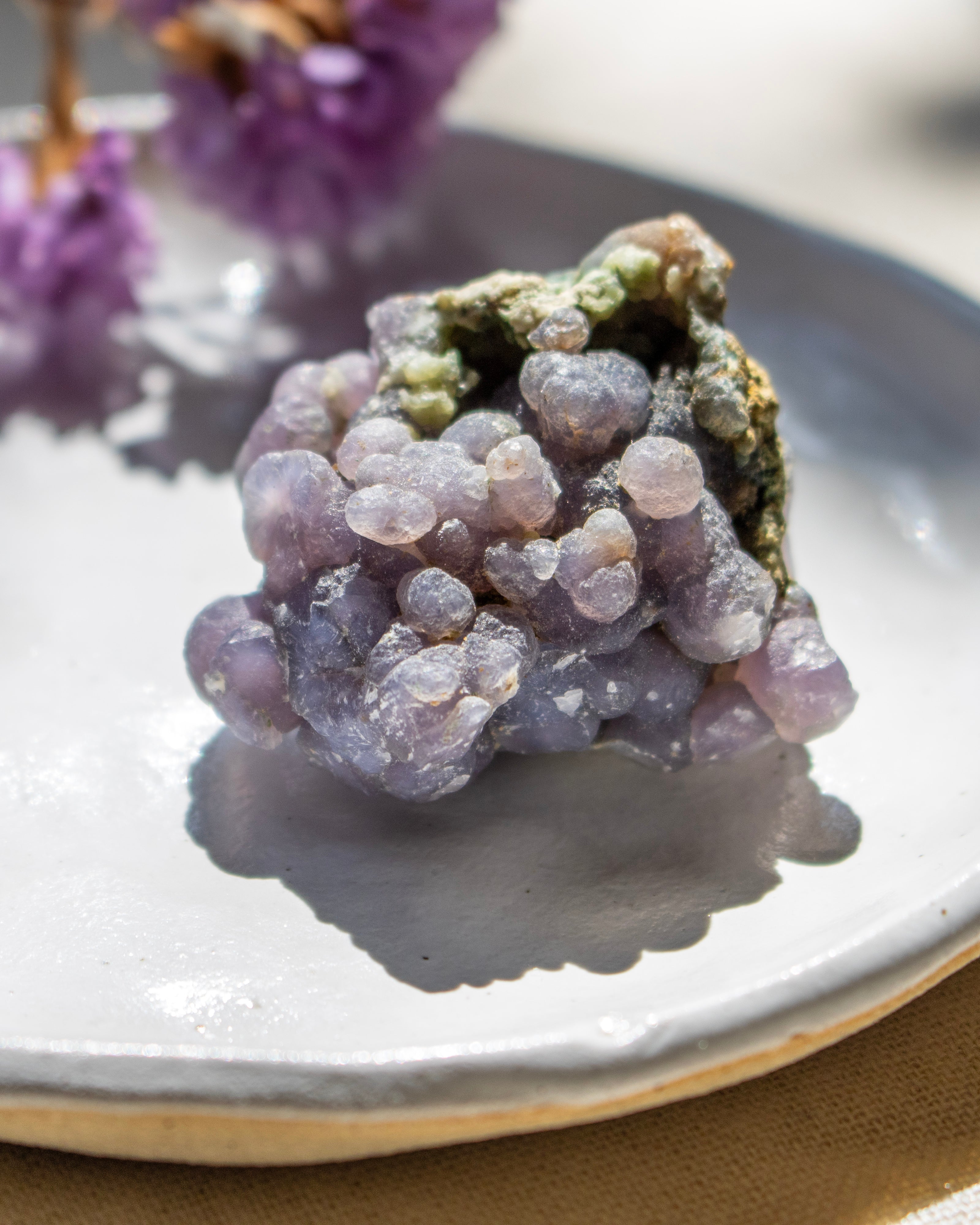 Close-up of a purple crystal on a reflective surface with blurred purple flowers in the background.