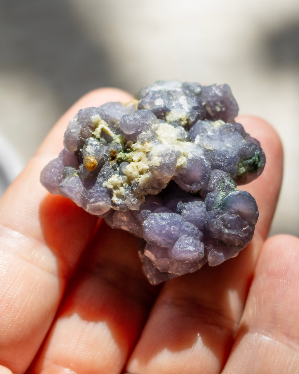 Close-up of a purple crystal on a reflective surface with blurred purple flowers in the background.