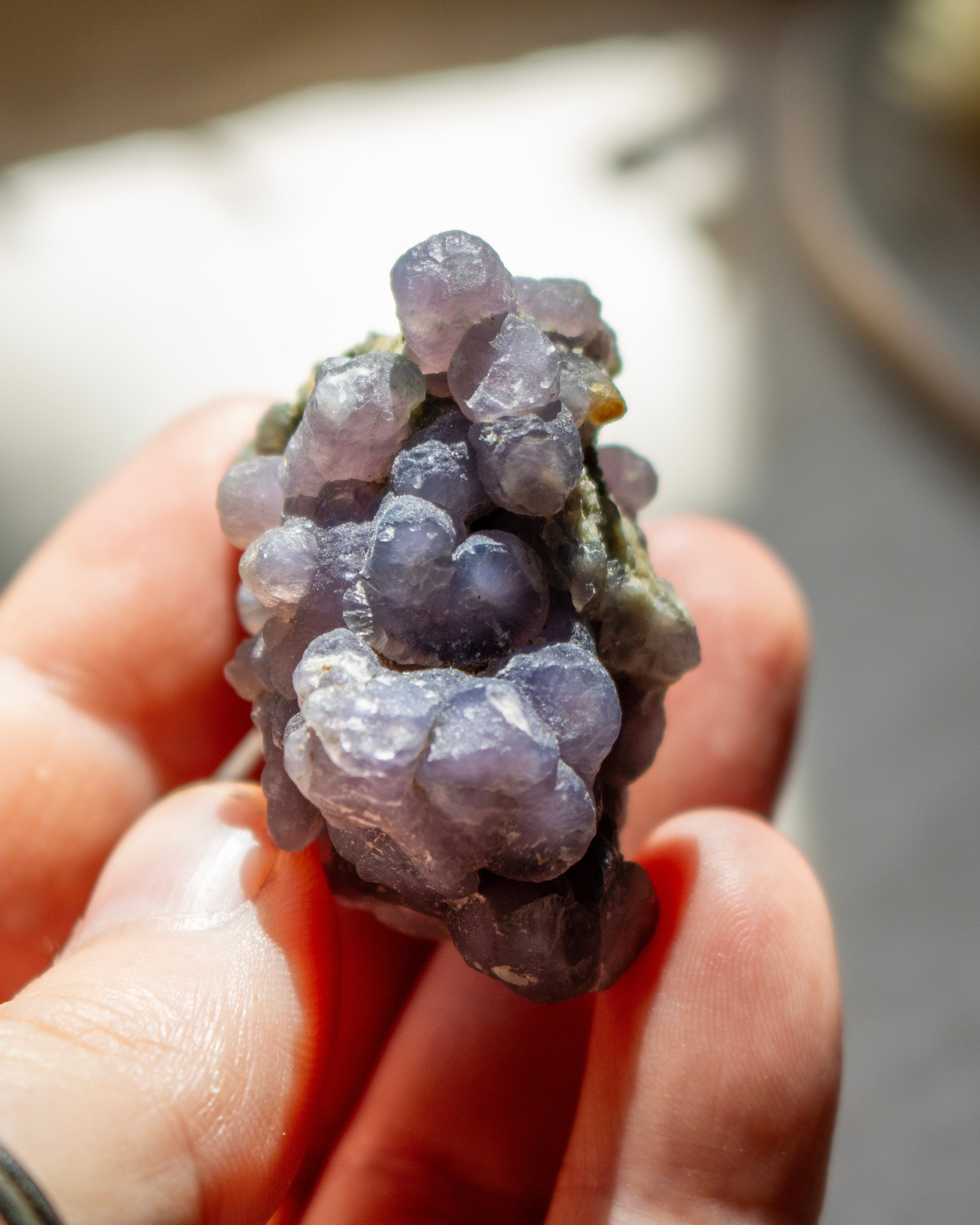 Close-up of a purple crystal on a reflective surface with blurred purple flowers in the background.