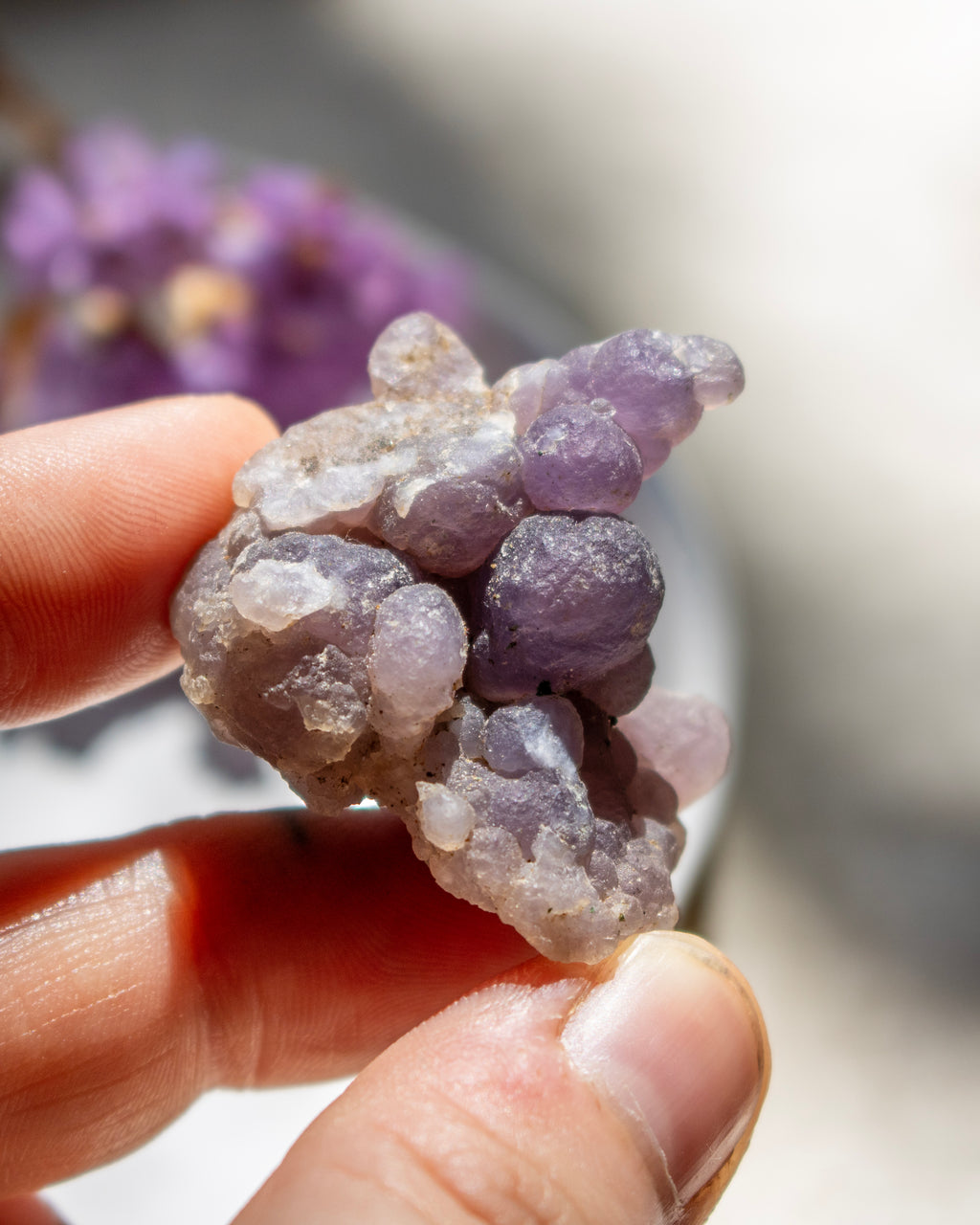 Hand holding a cluster of purple crystals with blurred purple flowers in the background