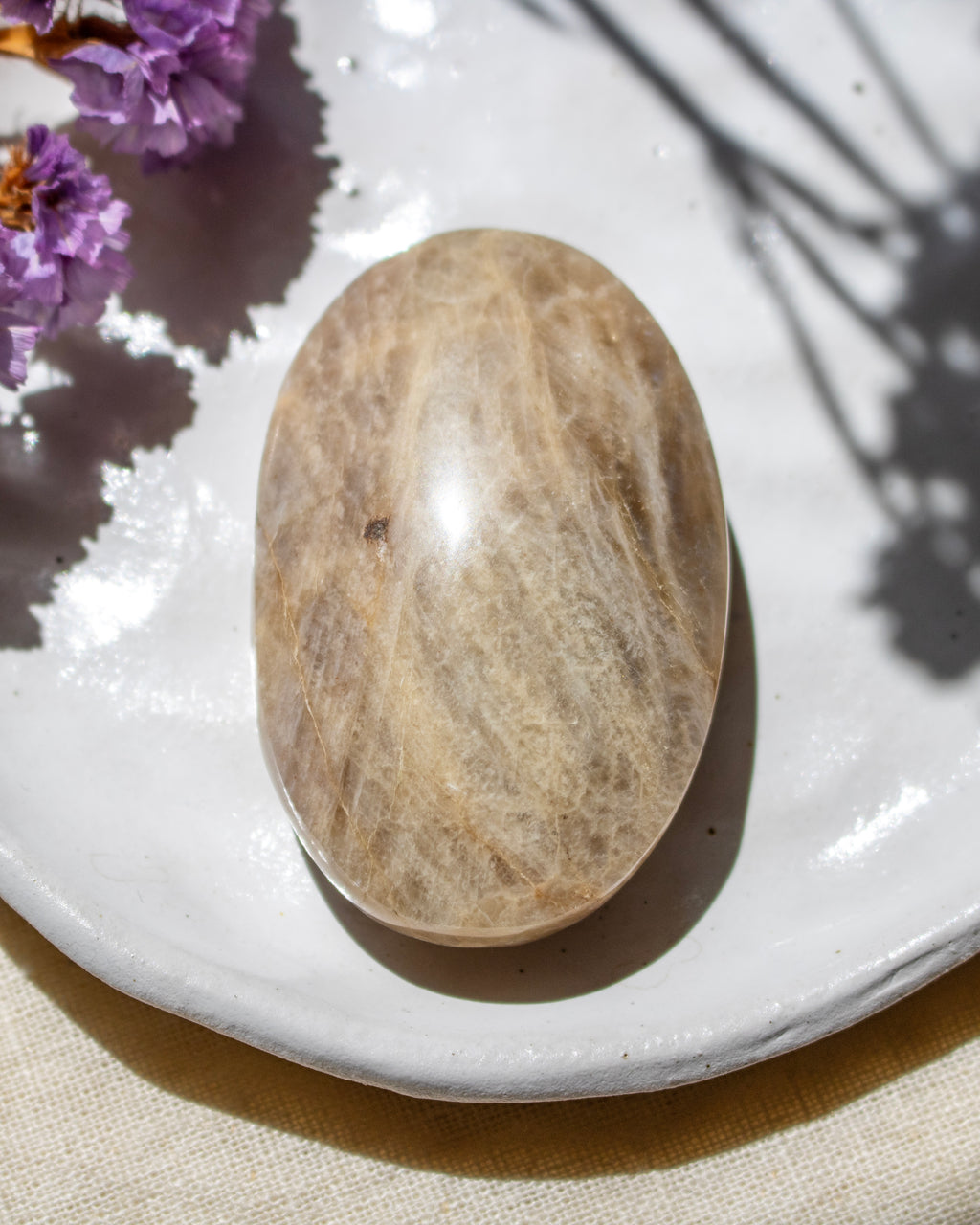 A polished oval stone with natural beige and light brown veining, resting on a white ceramic plate with purple flowers in the background.