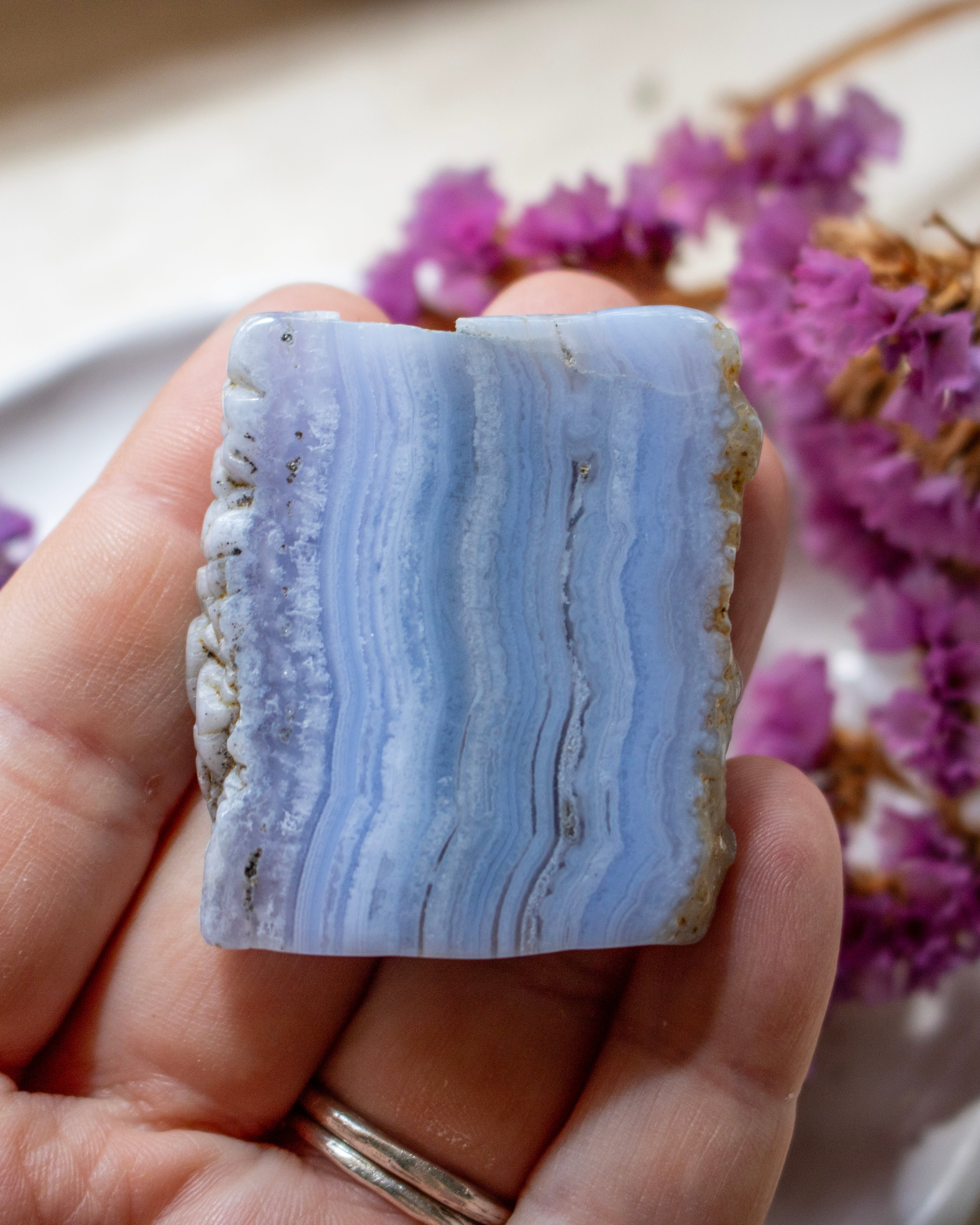 A hand holding a polished rectangular stone slice with pale blue and white banded stripes and rough natural edges, with dried purple flowers blurred in the background.