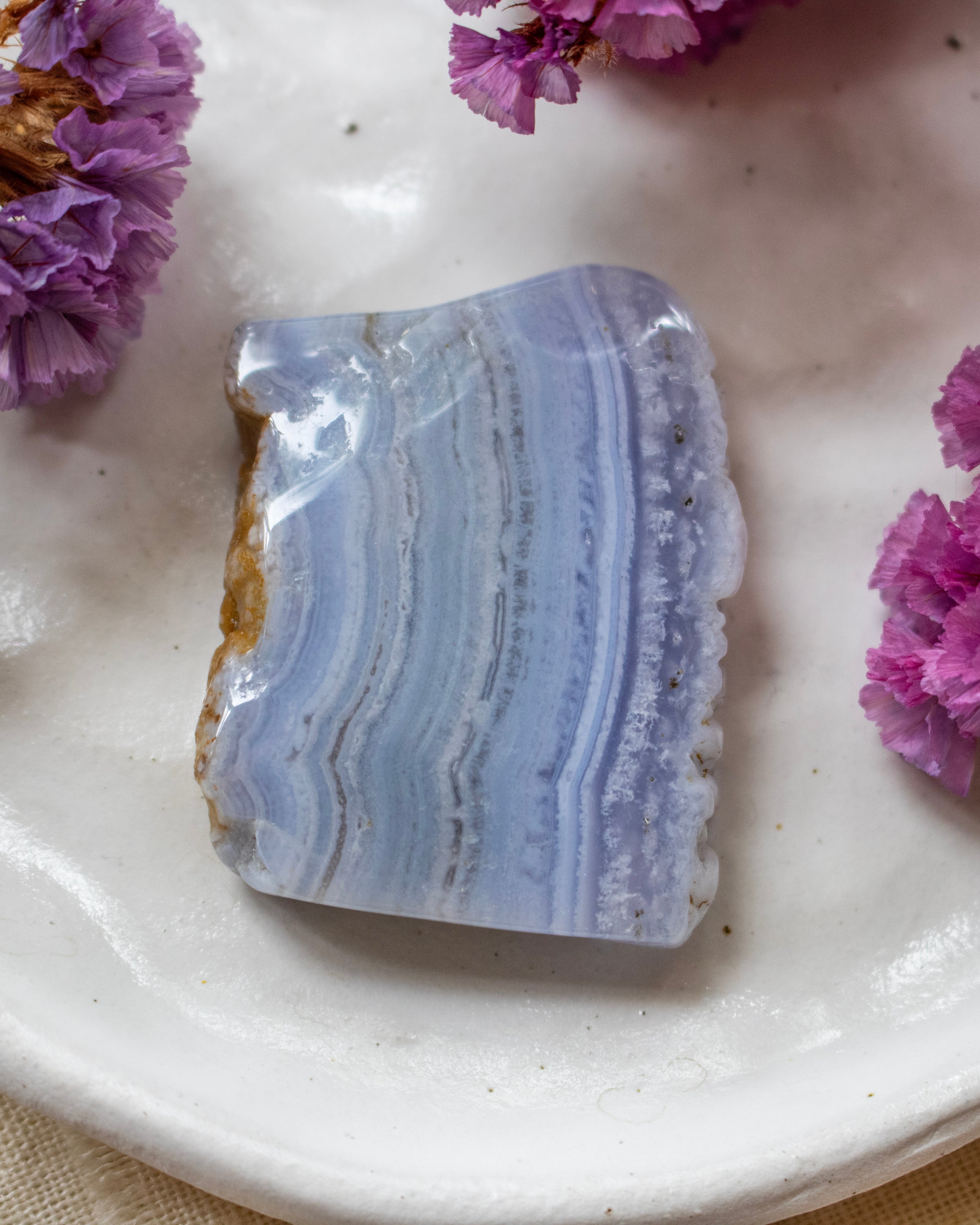 A polished rectangular slice of pale blue and lavender agate with natural banding and a rough brown matrix, displayed on a white ceramic dish with purple flowers around it.