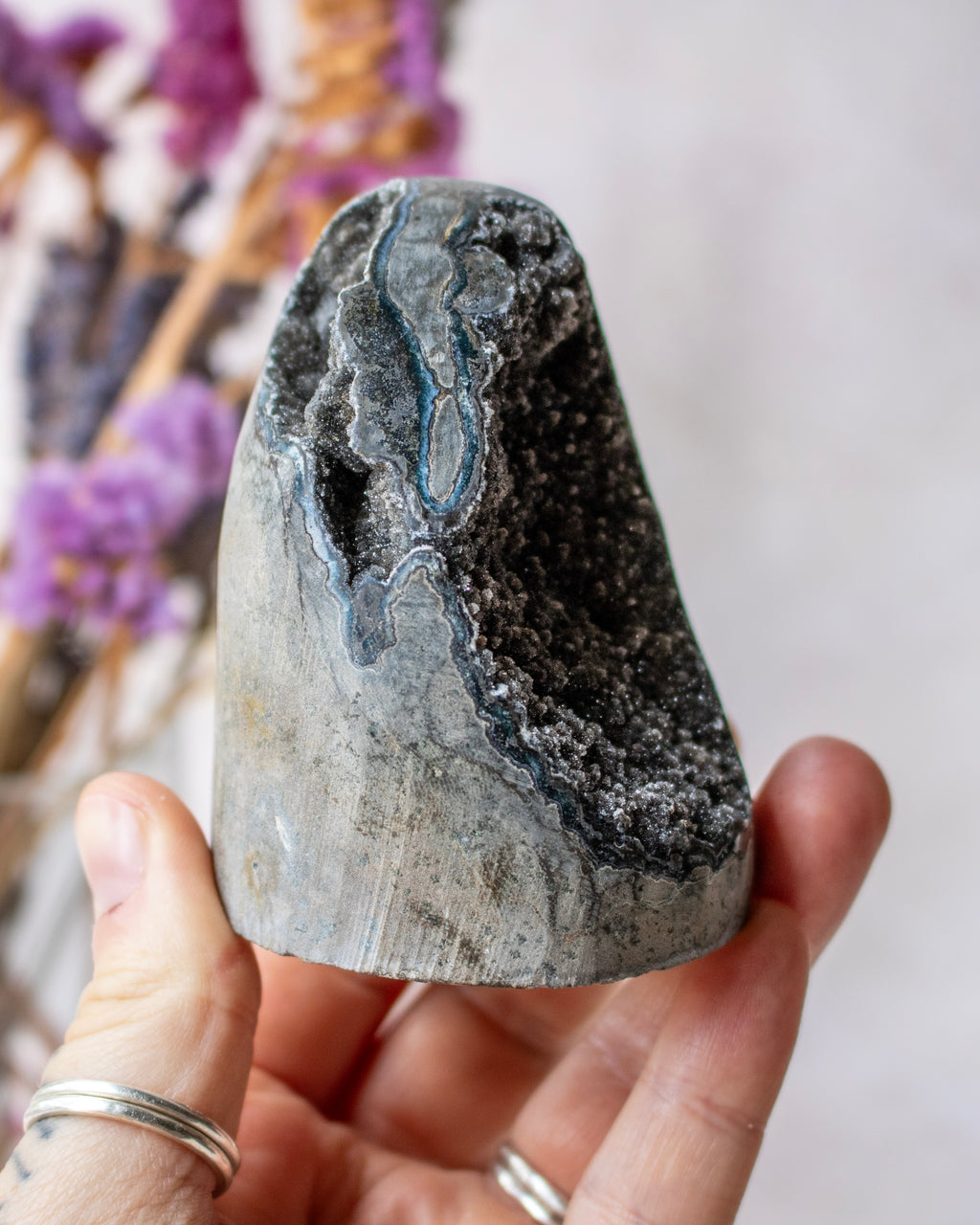 A hand holding a raw geode specimen with a gray outer matrix and a dark, glittering blue-gray crystalline interior, with blurred dried purple flowers in the background.
