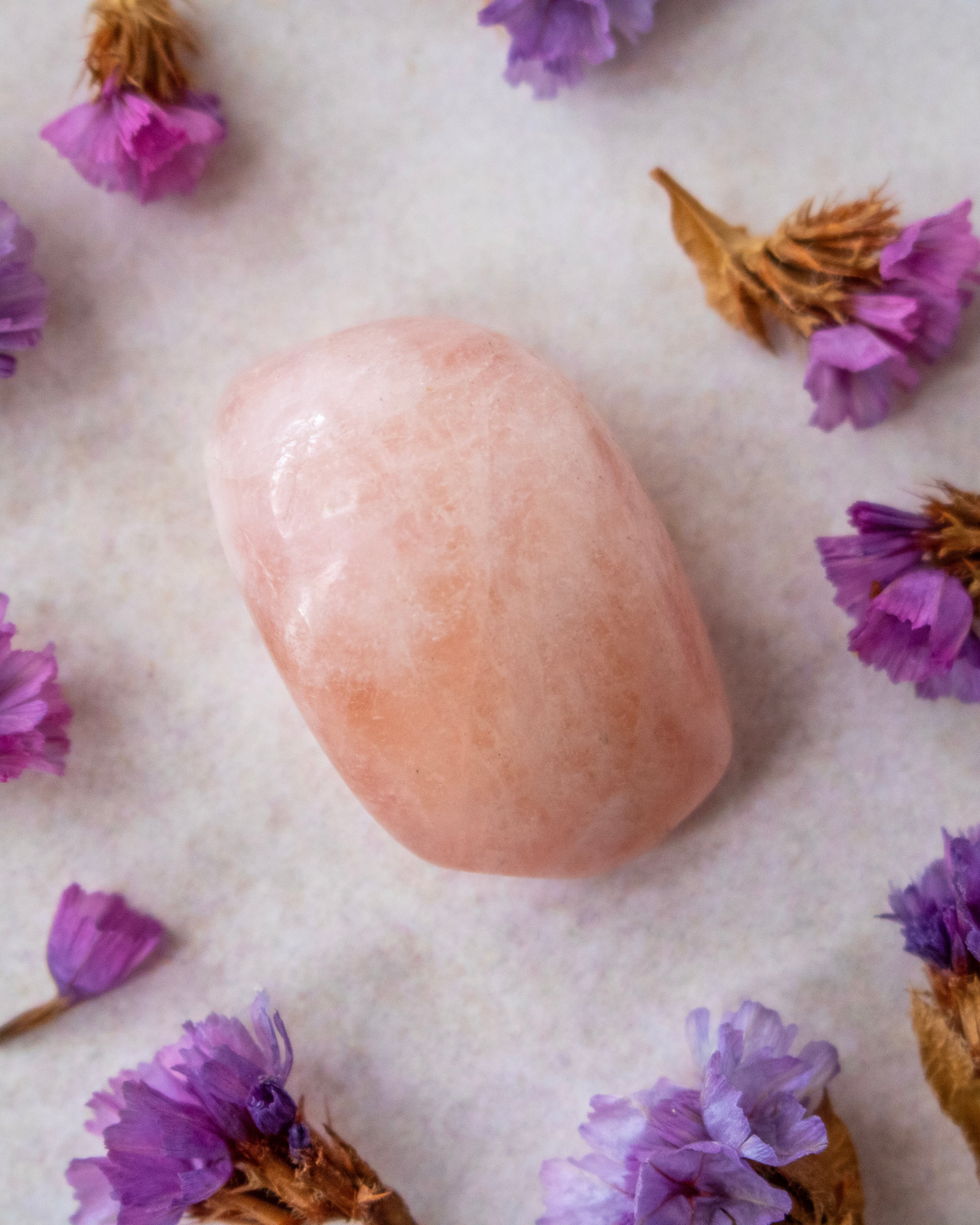 A smooth, polished pale pink crystal stone resting on a textured off-white surface, surrounded by scattered dried purple flowers.
