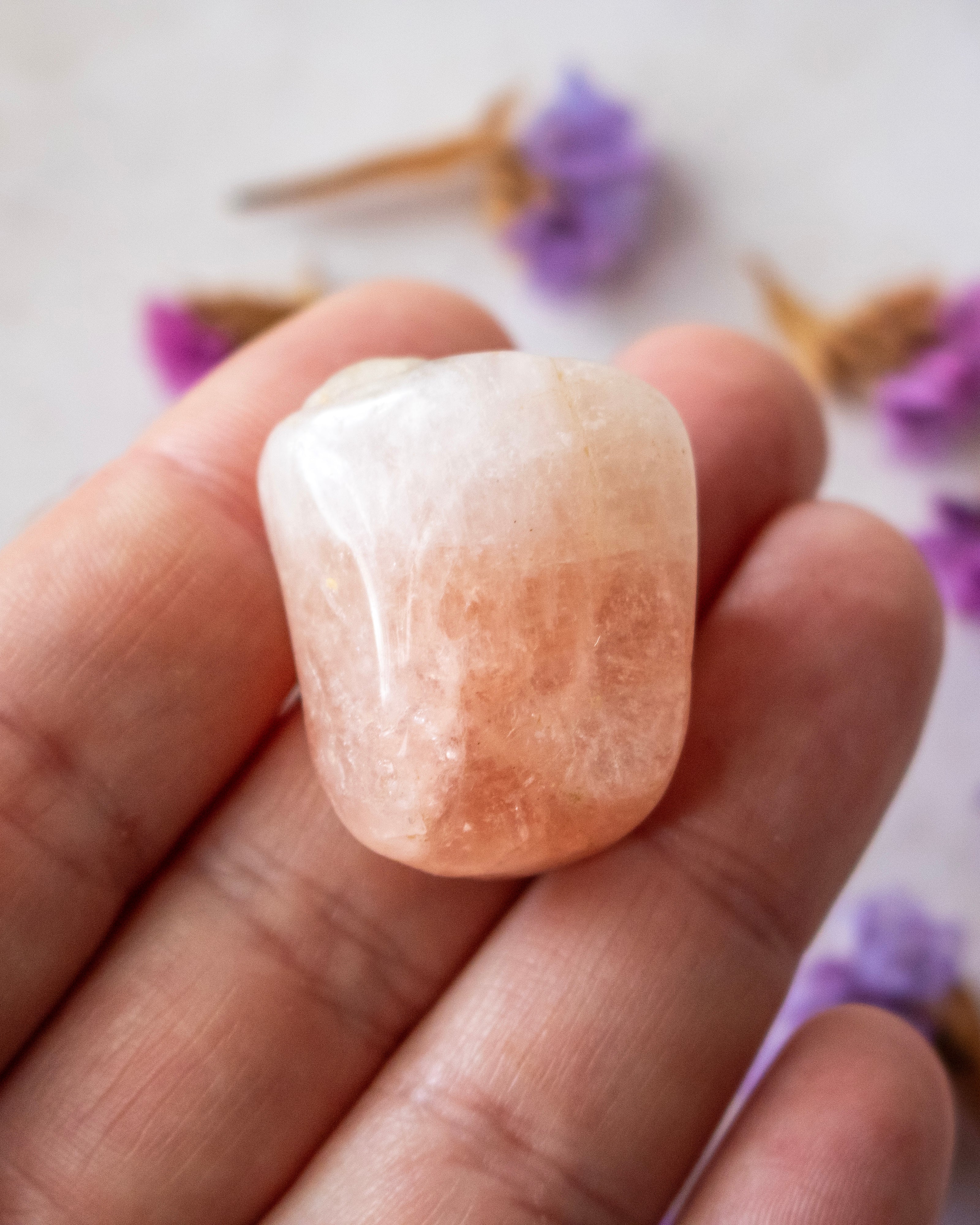 A polished peach-colored tumbled crystal held in a person's hand, with soft purple dried flowers blurred in the background.