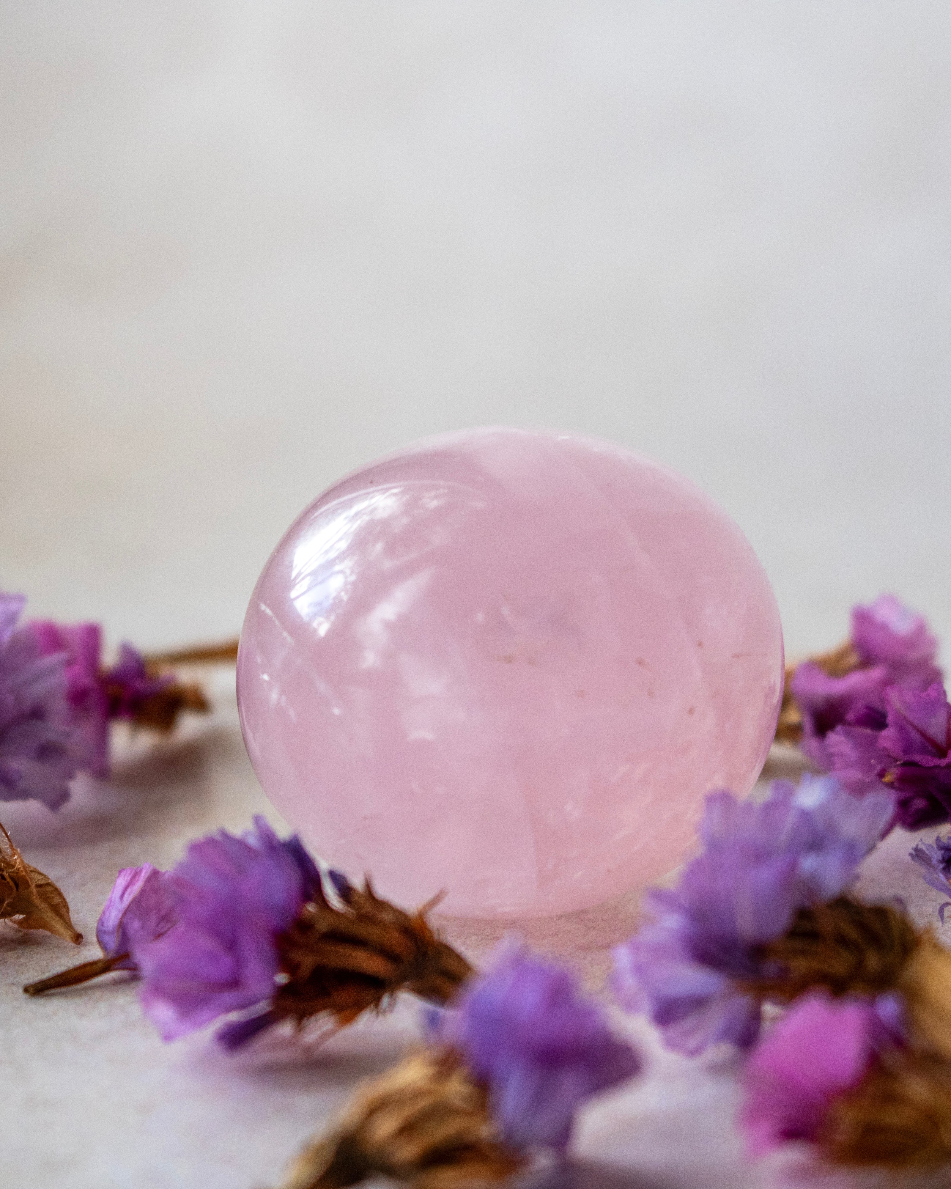 a round pink rose quartz polished crystal surrounded by purple dried flowers on a off-white background