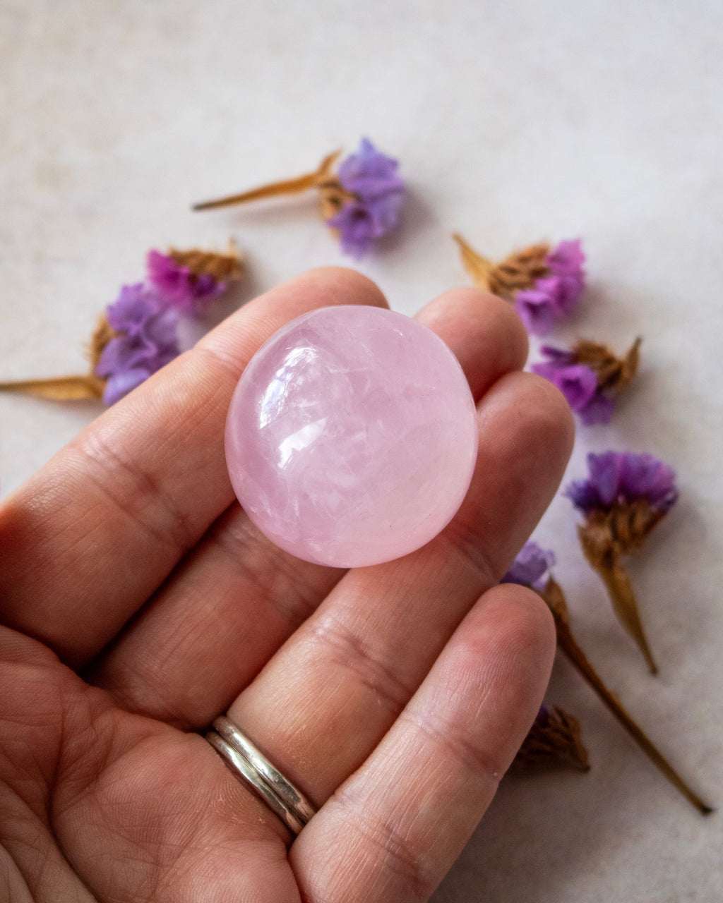 a round pink rose quartz polished crystal surrounded by purple dried flowers on a off-white background