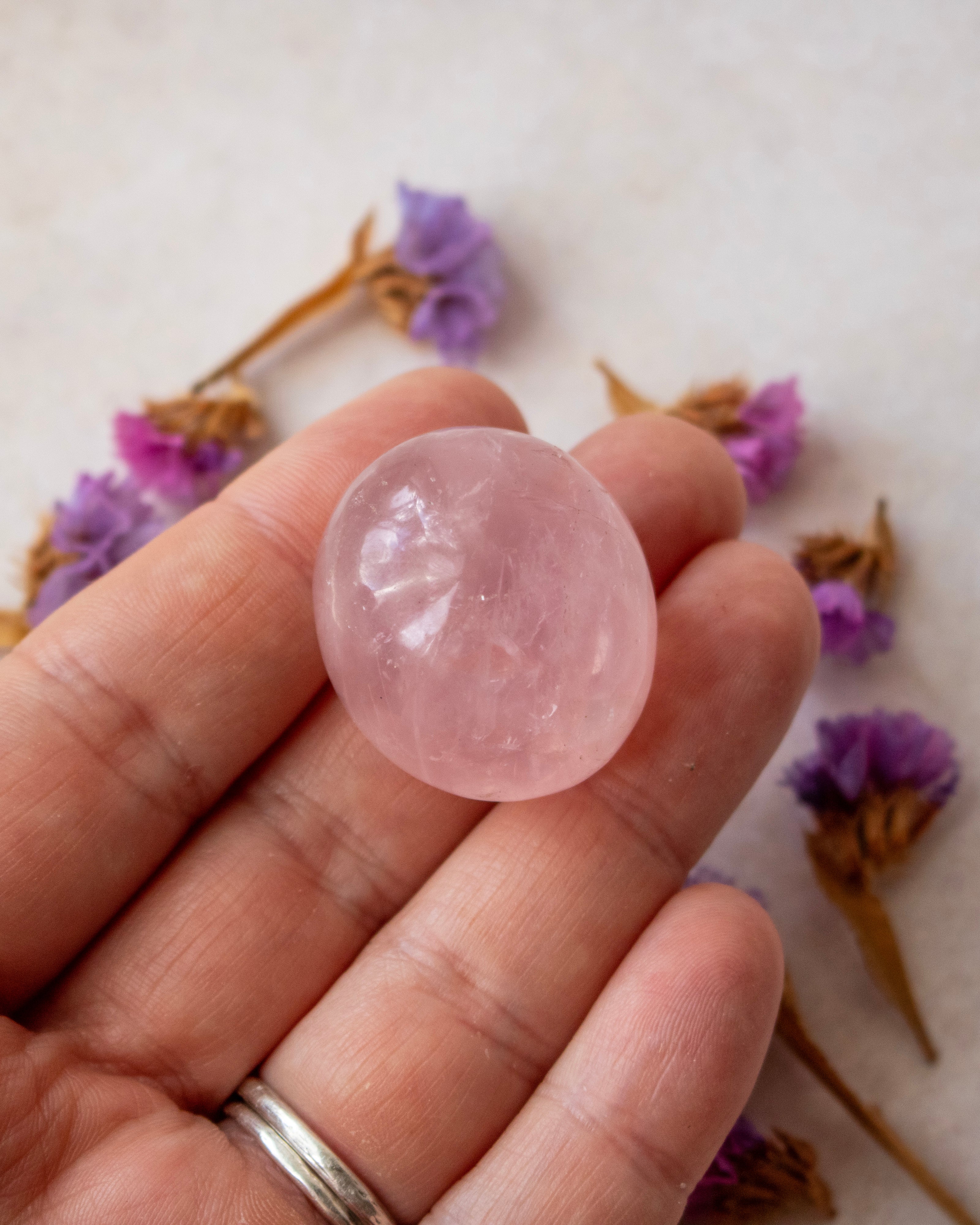 A hand holding a smooth, polished pink rose quartz crystal ball, with dried purple flowers scattered in the background on a light surface.
