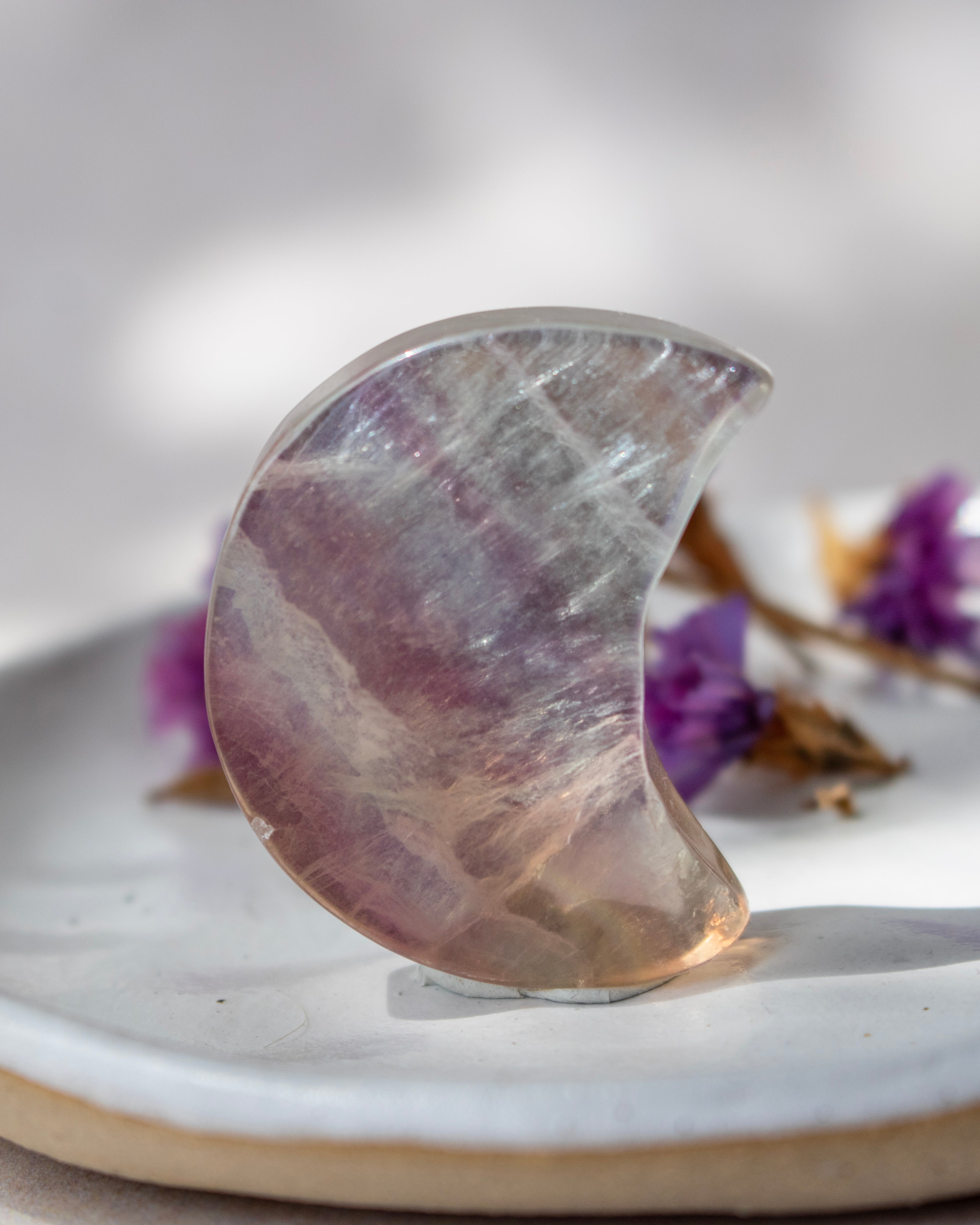 A polished crescent moon-shaped crystal with natural inclusions, standing upright on a white ceramic dish with blurred purple dried flowers in the background.