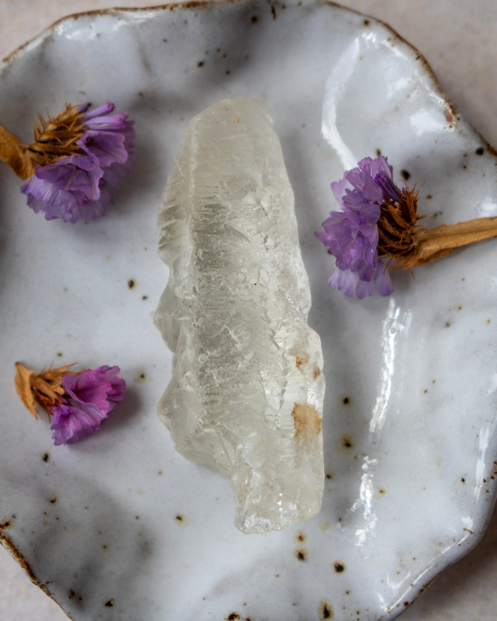 A raw, translucent pale crystal or mineral specimen displayed on a white speckled ceramic plate with dried purple flowers around it.