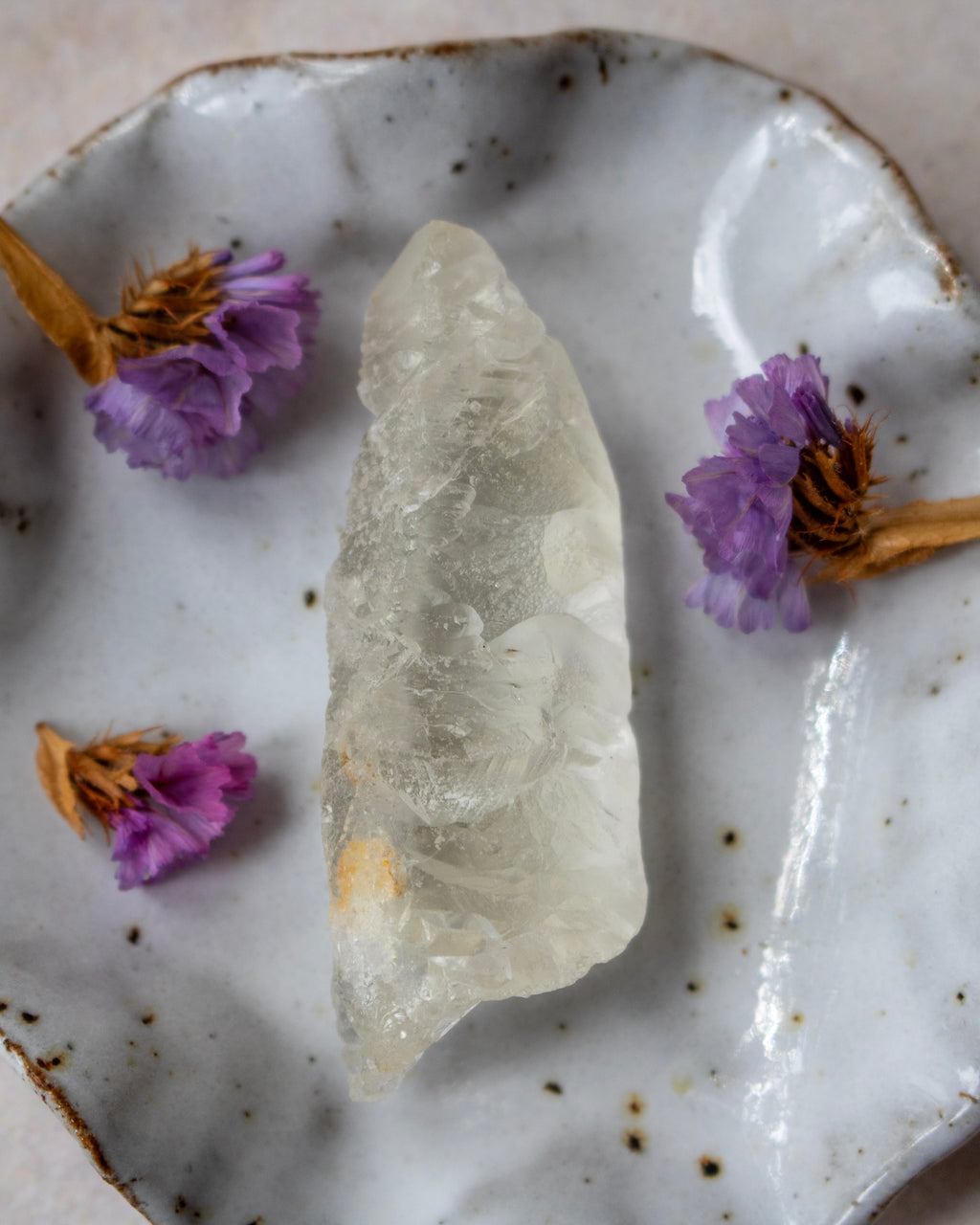A raw, translucent white crystal mineral specimen displayed on a speckled ceramic dish with dried purple flowers.
