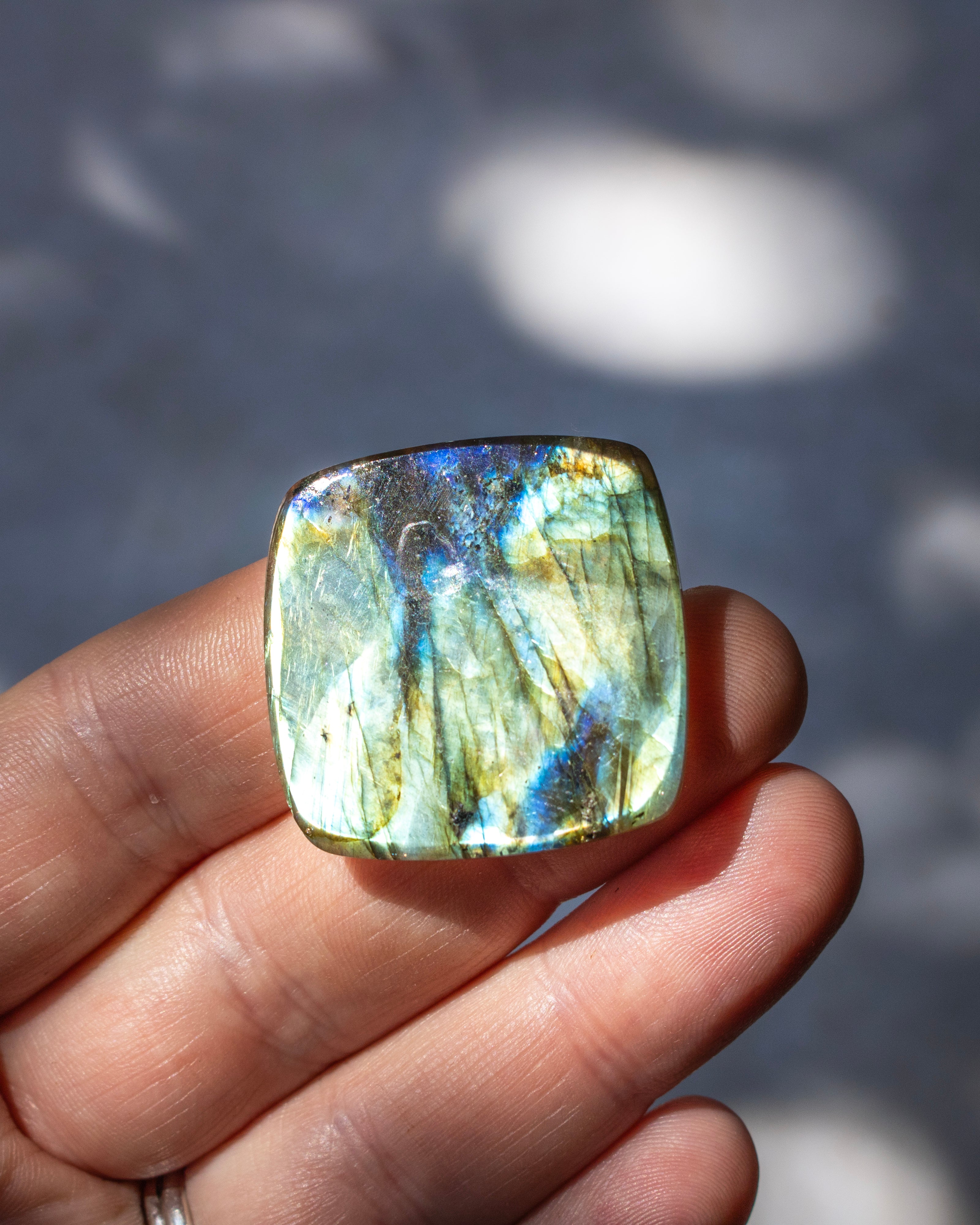 A polished square labradorite gemstone with iridescent blue, green, and gold flashes, held in a person's hand against a blurred gray background with dappled light.