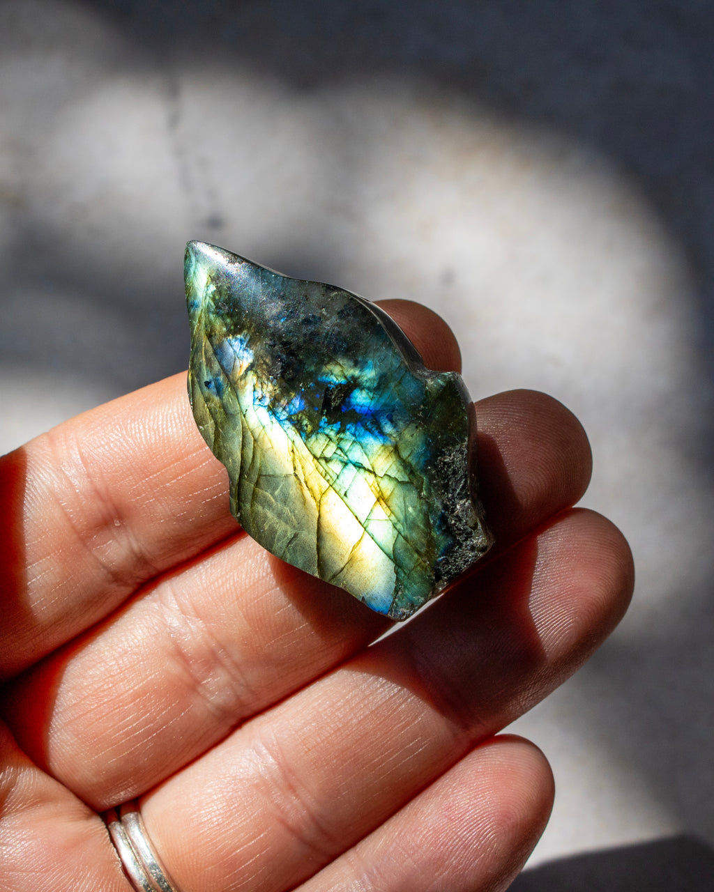 A hand holding a polished labradorite stone showing vibrant blue, green, and gold iridescent flashes under direct sunlight.