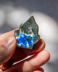 A hand holding a rough, polished piece of labradorite gemstone that displays a vibrant blue flash and greenish-gray tones under natural sunlight, with a blurred gray background.