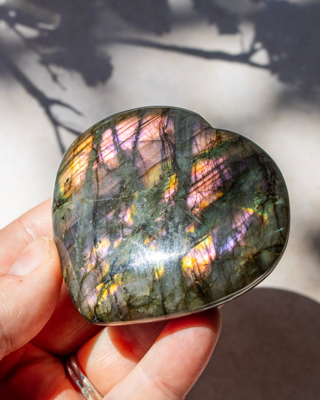 A heart-shaped polished labradorite stone held in a hand, showing shimmering iridescent flashes of pink, gold, and purple over a dark green base, with tree shadows cast on the background.