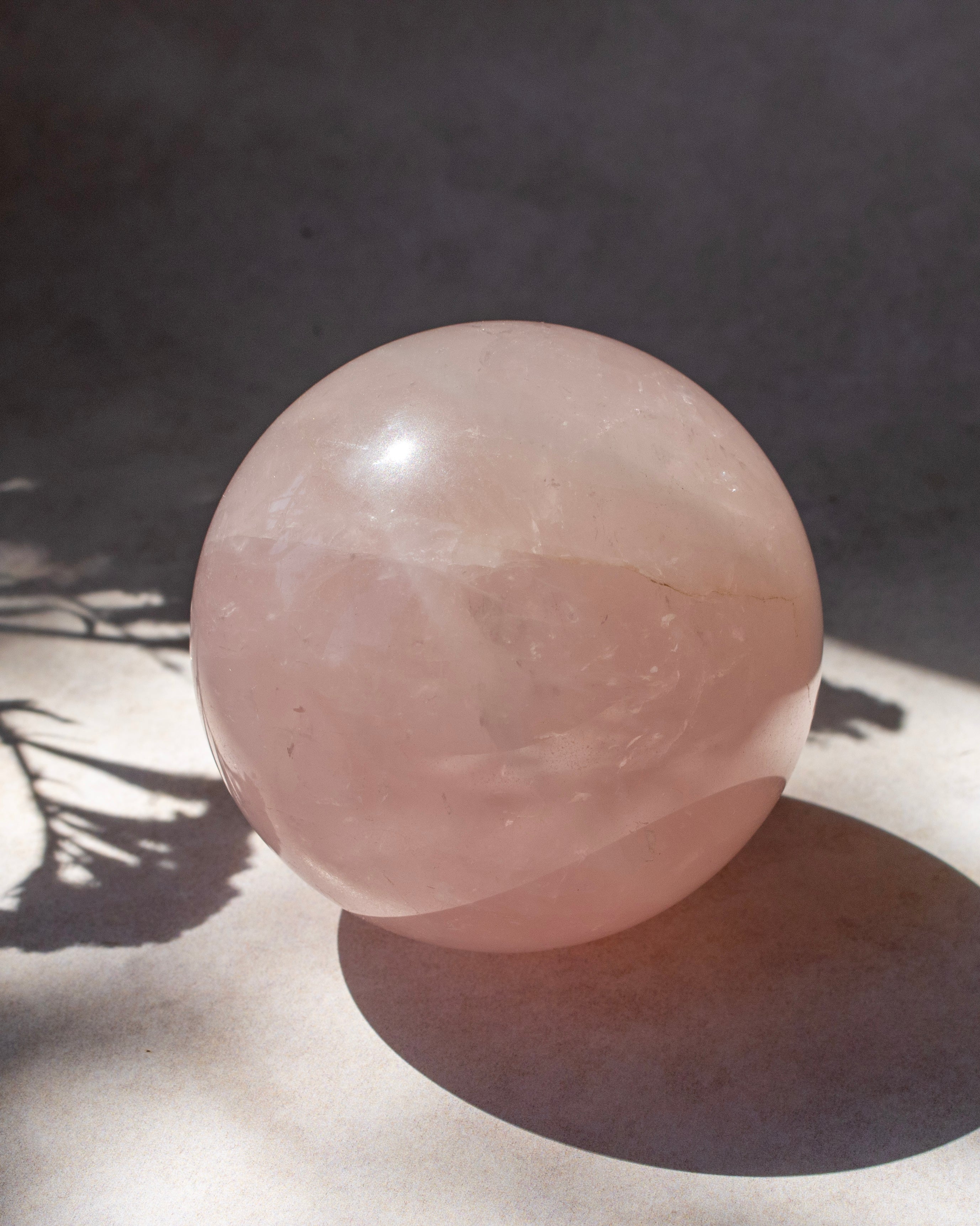 A smooth, polished pale pink crystal sphere resting on a light surface with a soft shadow and leaf shadows cast across it, against a dark gray background.