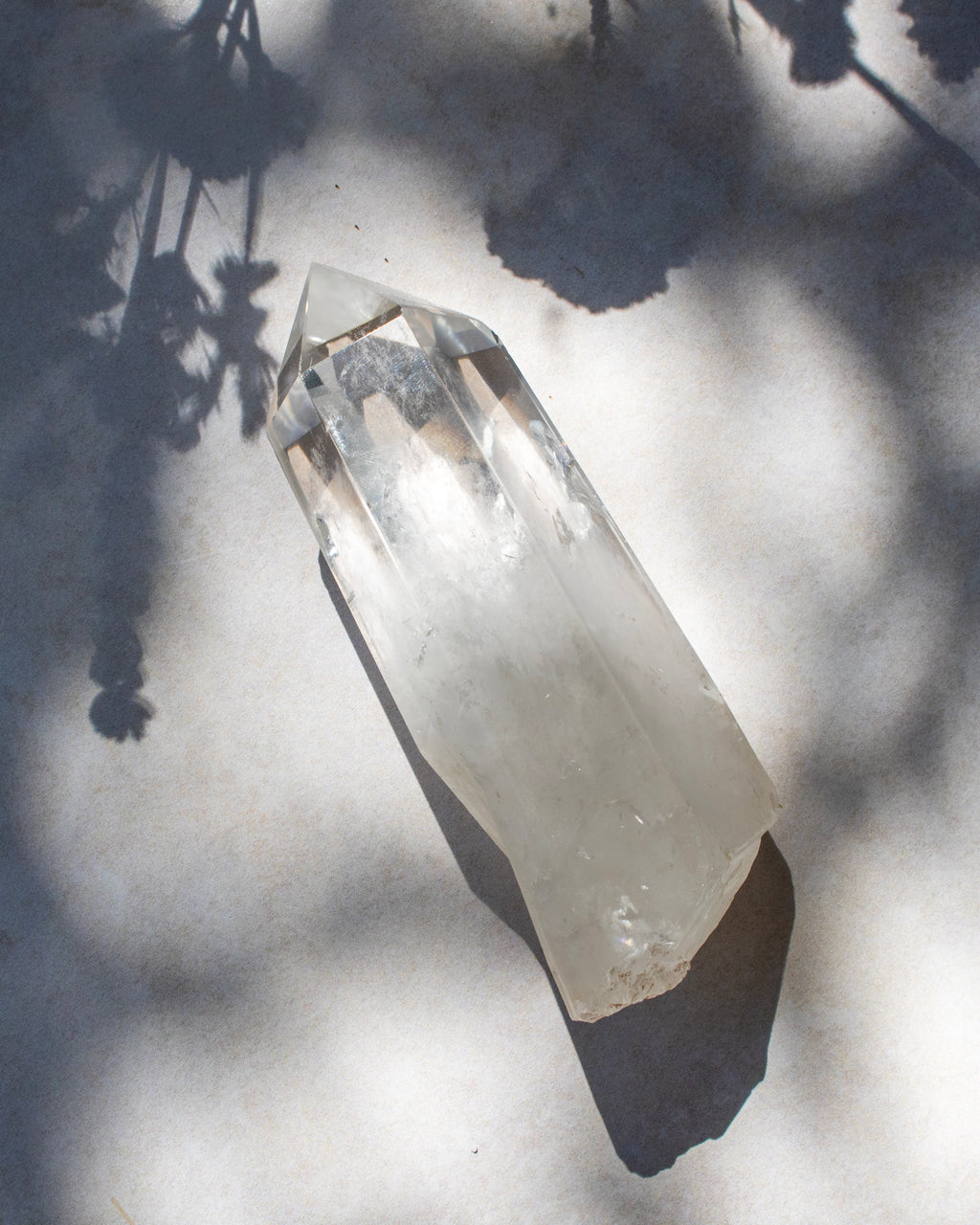 A clear pointed crystal tower or quartz point resting on a light surface with dappled sunlight and leaf shadows.