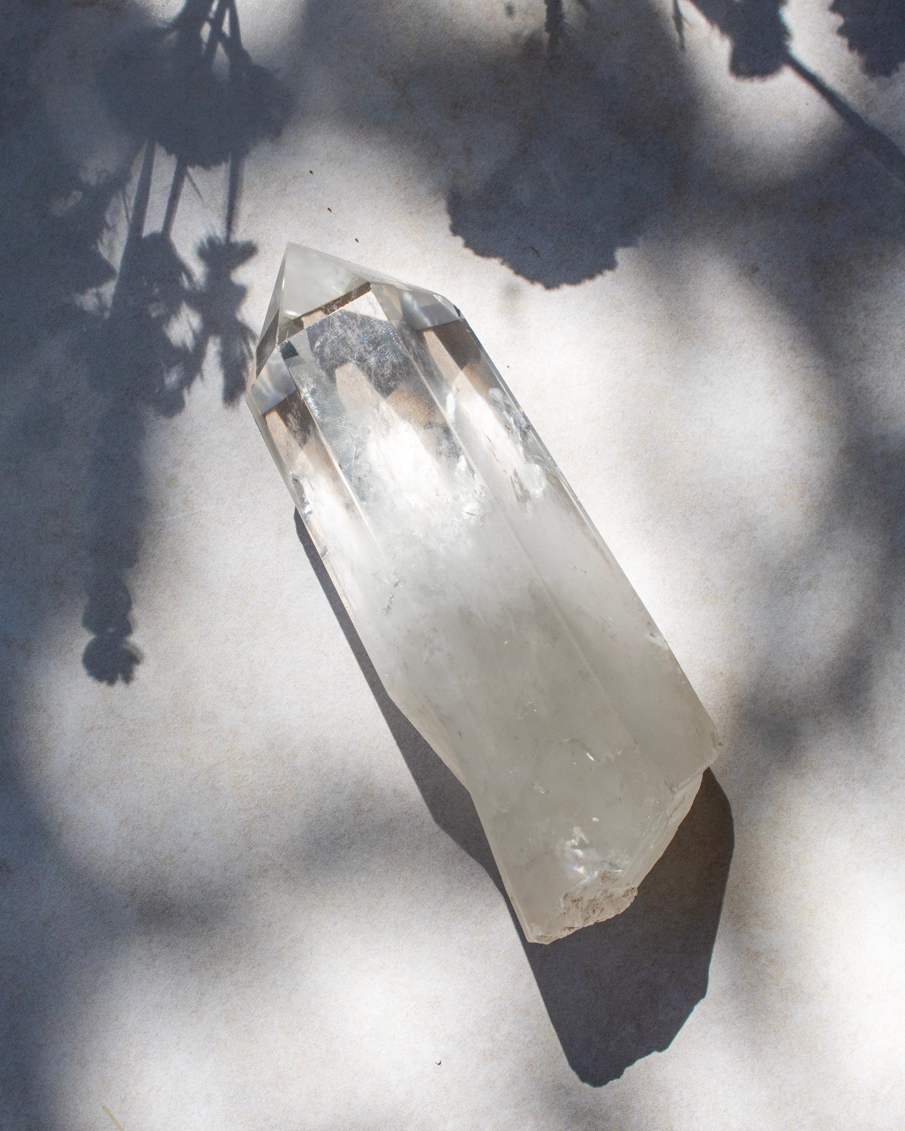 A clear pointed crystal tower or quartz point resting on a light surface with dappled sunlight and leaf shadows.