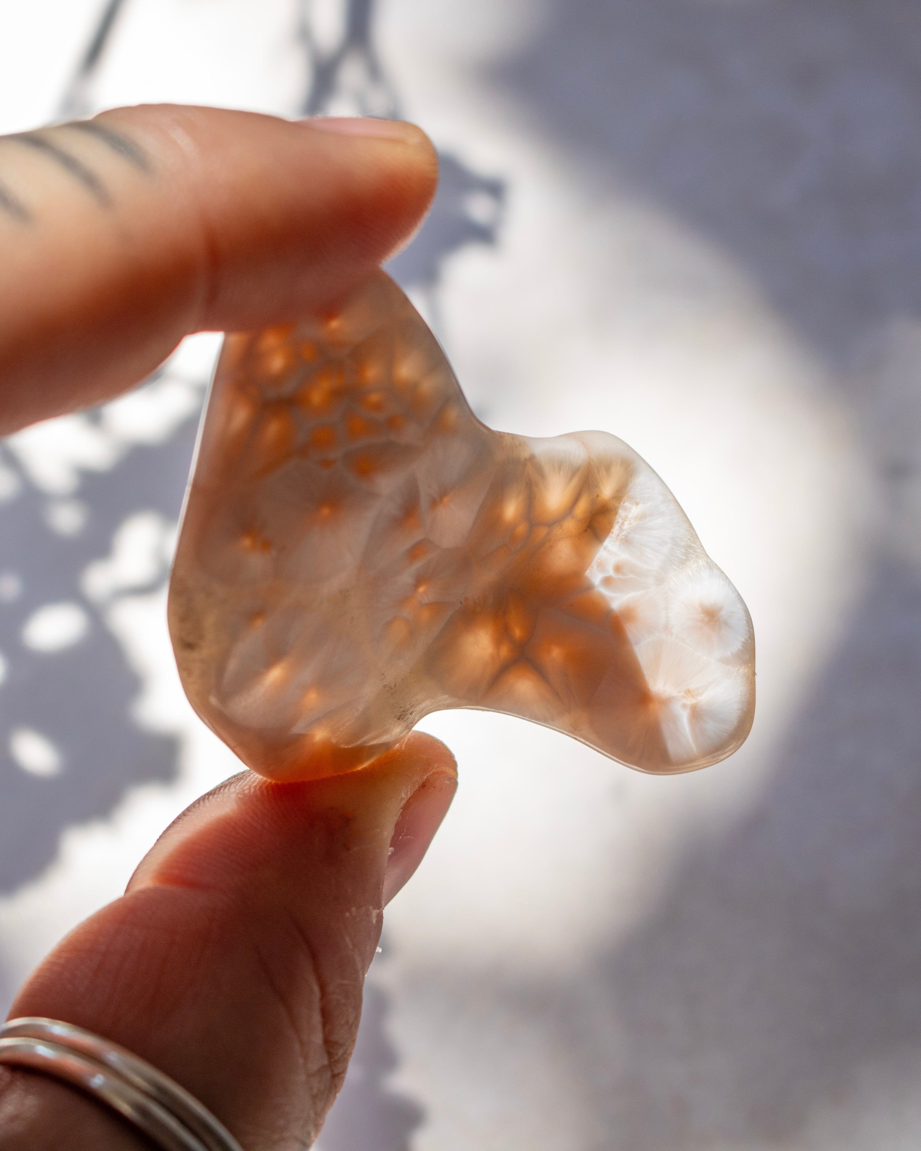 A hand holds a polished, organic-shaped translucent stone with warm amber and white tones against a bright, sunlit outdoor background with soft leaf shadows.