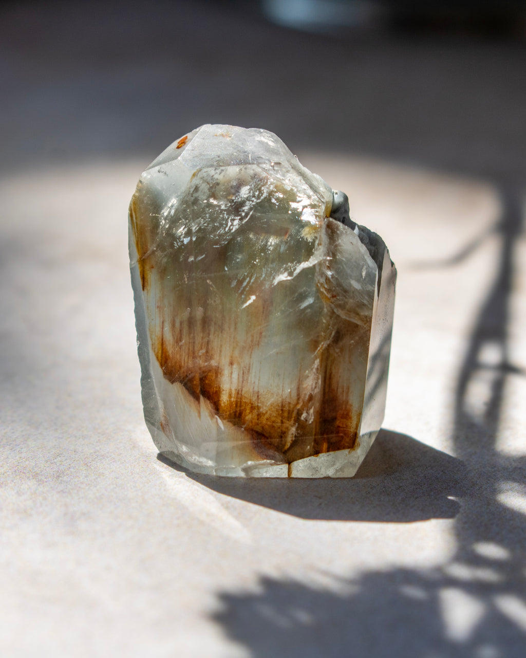 A natural clear quartz crystal with brown and beige mineral inclusions, photographed on a light surface with strong sunlight and leaf shadows.