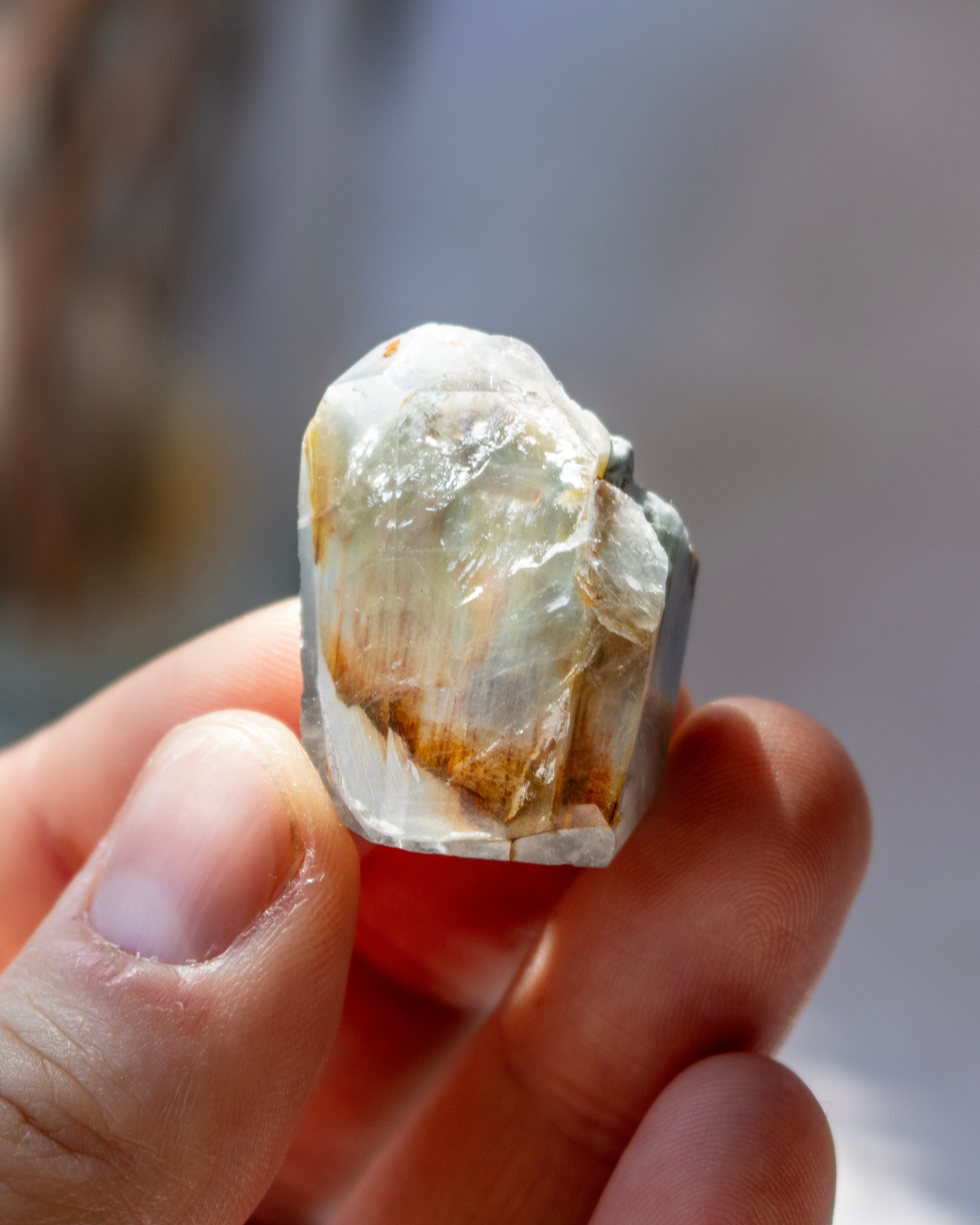 A hand holding a rough, unpolished natural stone or mineral specimen with a white and gray crystalline surface and brownish discoloration.