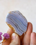 A hand holding a polished agate stone with lavender and light blue banded patterns, with small purple flowers in the corner against a soft beige background.
