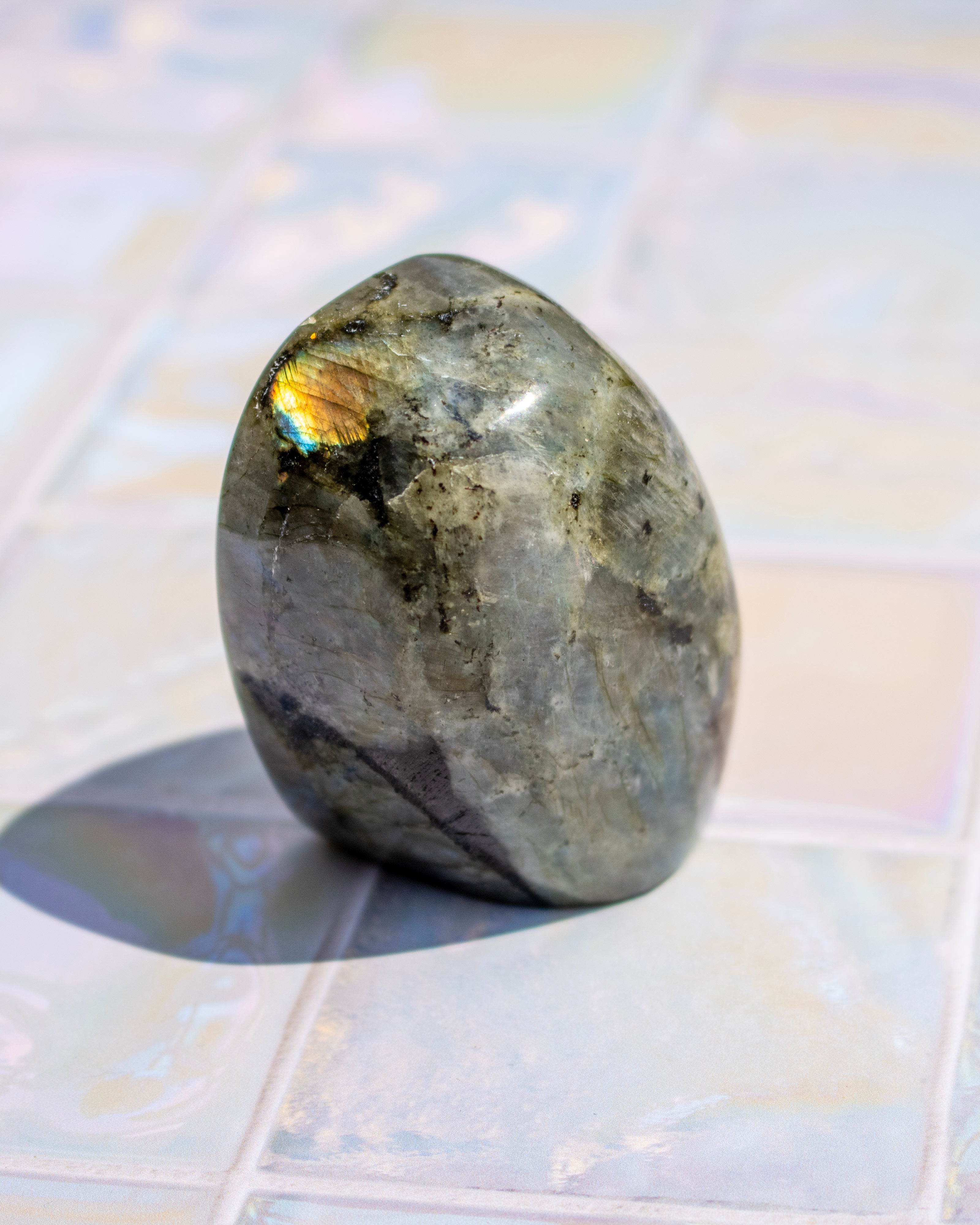 A polished labradorite stone with a smooth, rounded shape, resting on a light-colored tiled surface. The stone displays natural gray and dark brown banded patterns with a vibrant, iridescent rainbow flash under the light, casting a soft shadow to the left.