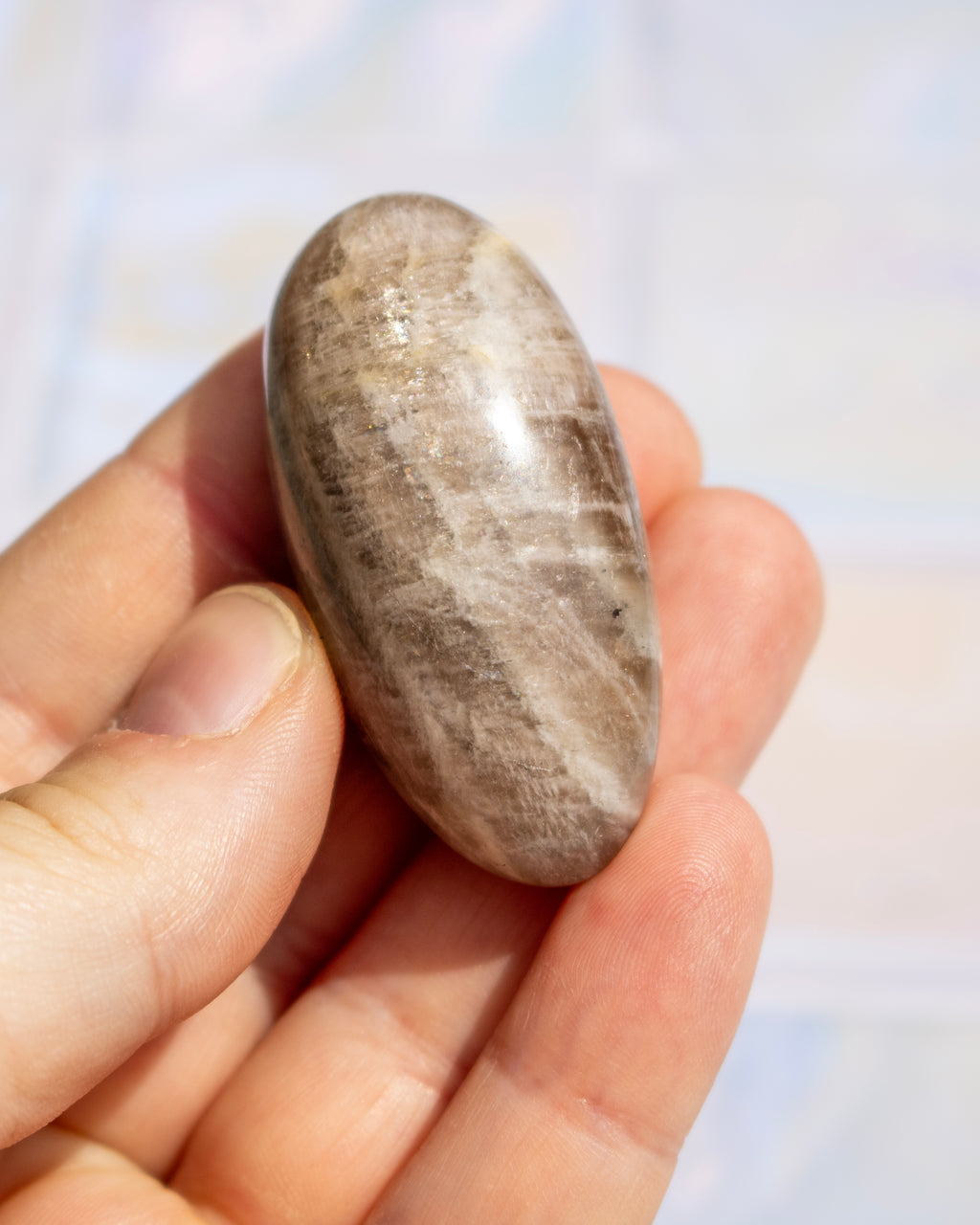 A hand holding a polished, smooth oval stone with natural brown and beige veining, set against a softly blurred light background.