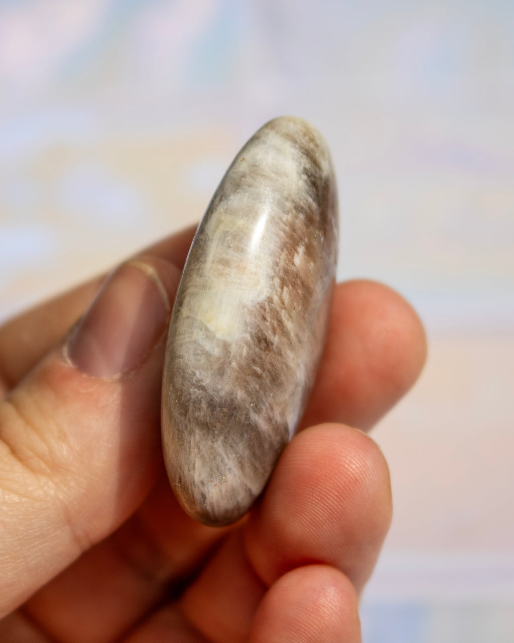 A polished oval stone with natural brown, beige, and gray marbling, held in a person's hand against a soft, out-of-focus light background.