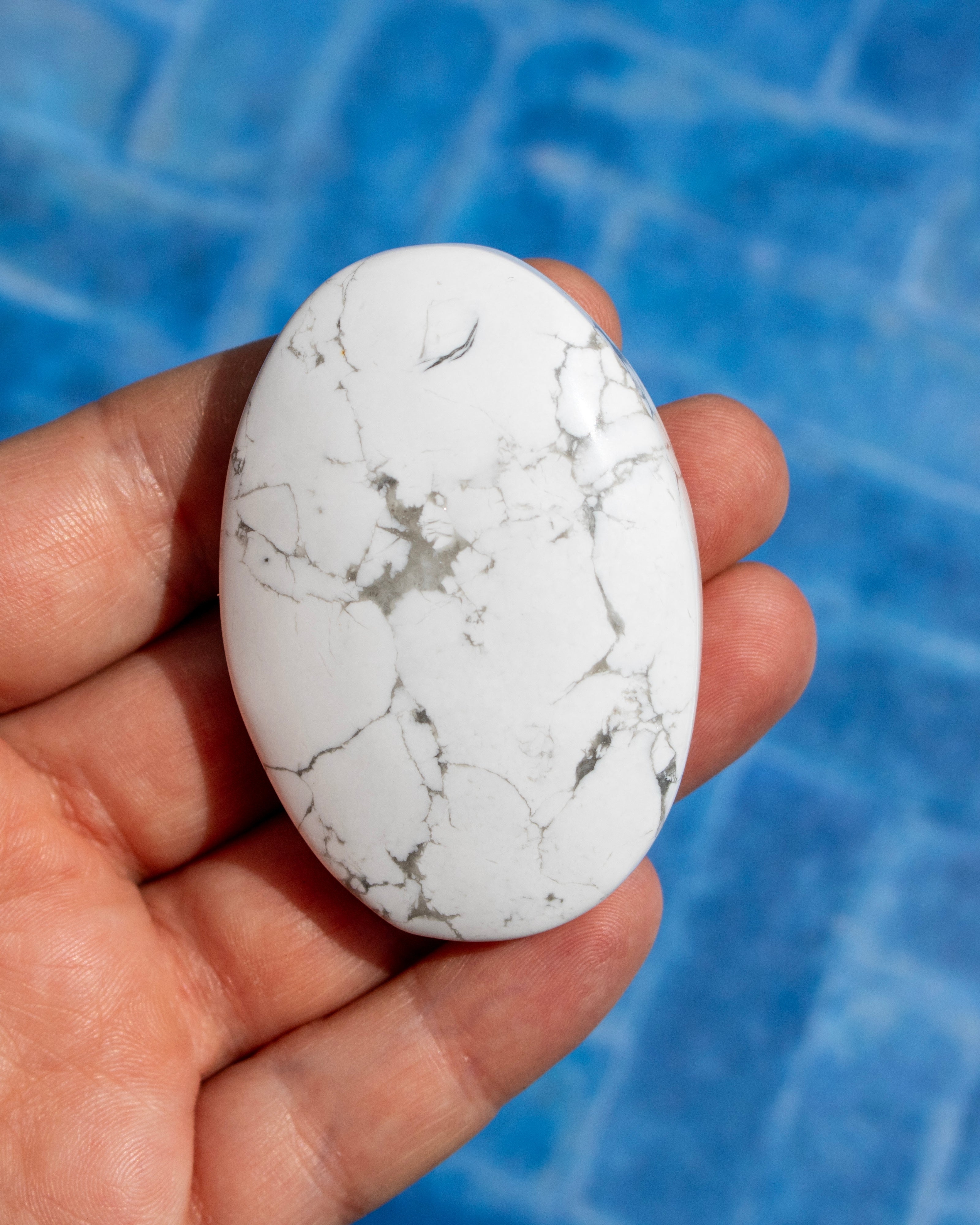 A hand holding a polished white oval stone with gray and black veining, set against a blue textured background.
