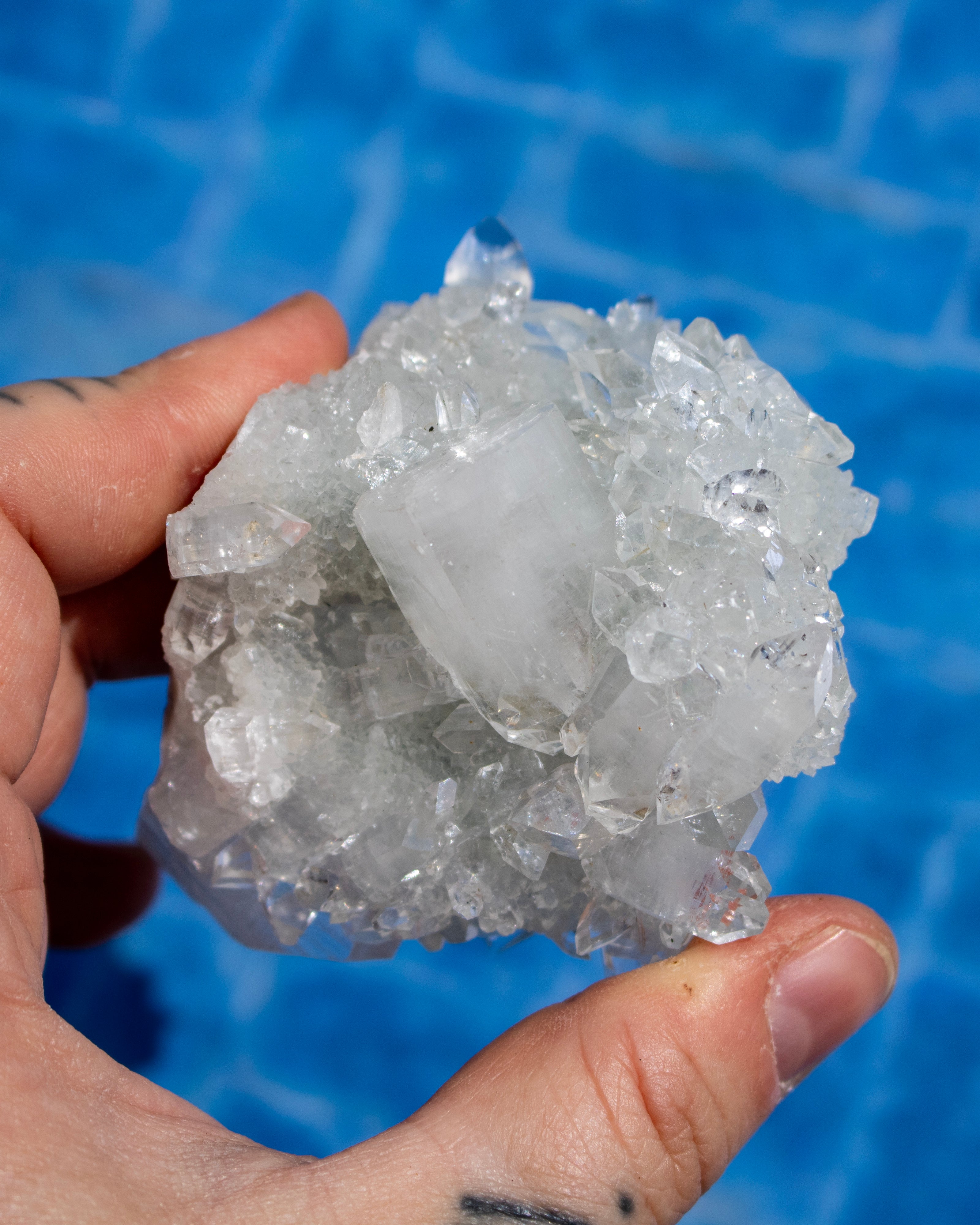 A hand holding a raw, rough crystal cluster with a prominent white fluorite cube, set against a blurred blue tiled background.