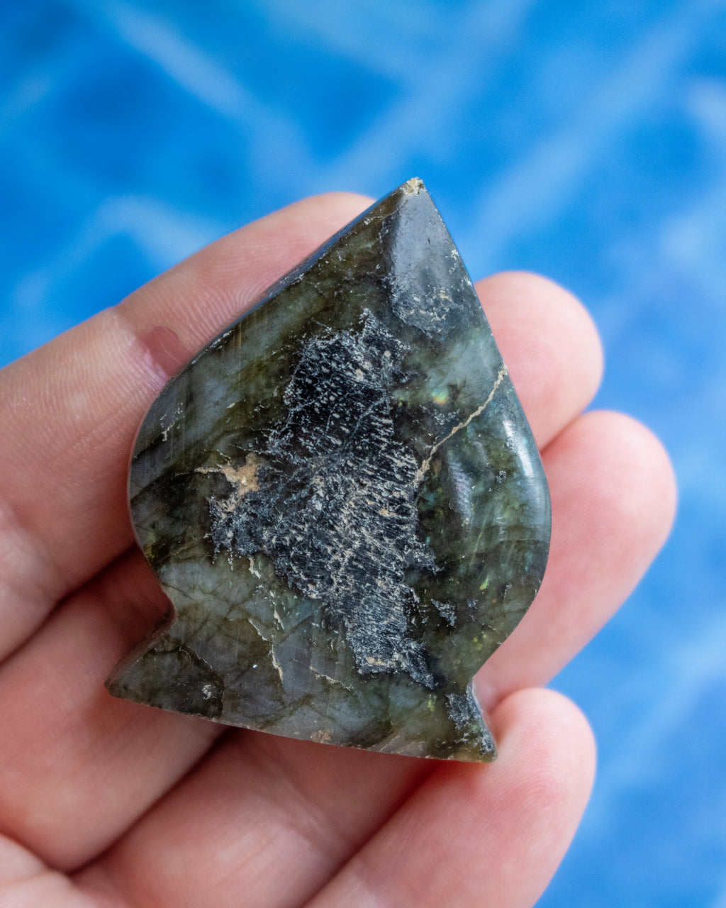 A hand holding a polished natural labradorite stone with a teardrop shape, showing its characteristic green and gray marbled pattern with a dark central inclusions area, set against a bright blue background.