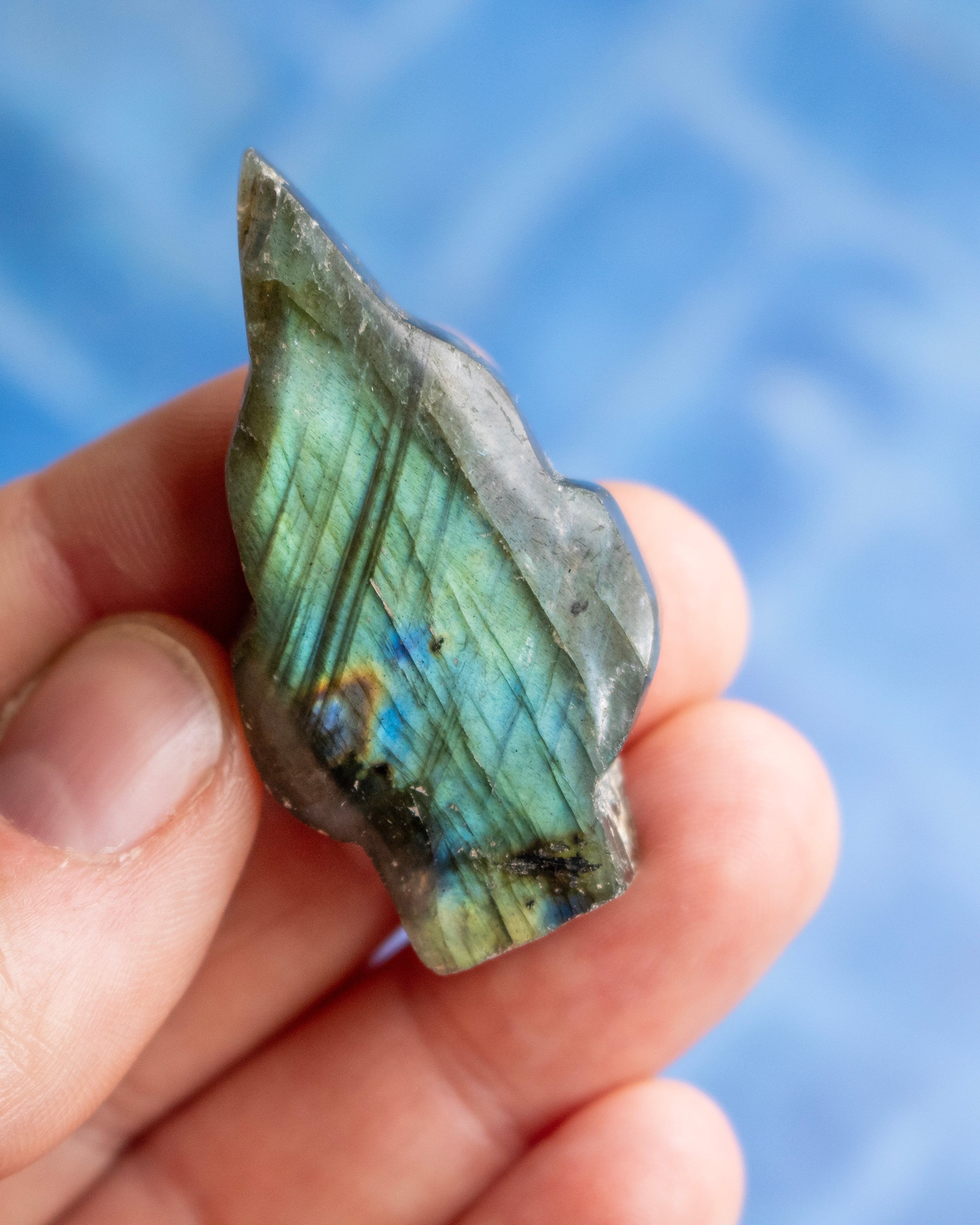 A hand holding a polished labradorite stone showing its characteristic green, blue, and gray flashes, set against a soft blue background.