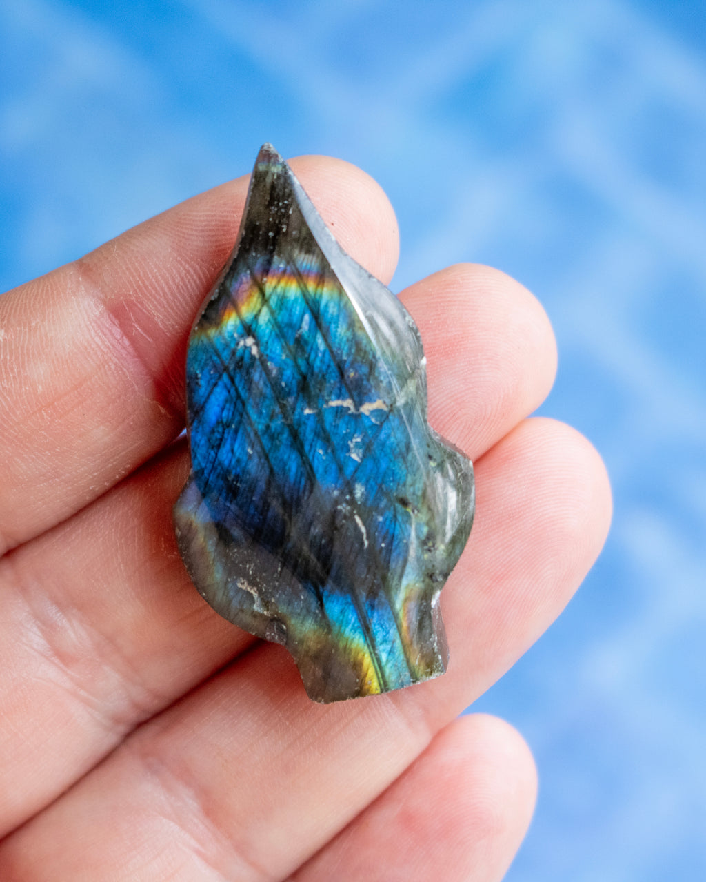 A raw, polished labradorite stone chip held in a person's hand, showcasing its vibrant blue and green iridescent flashes and natural gray edges against a soft blue background.
