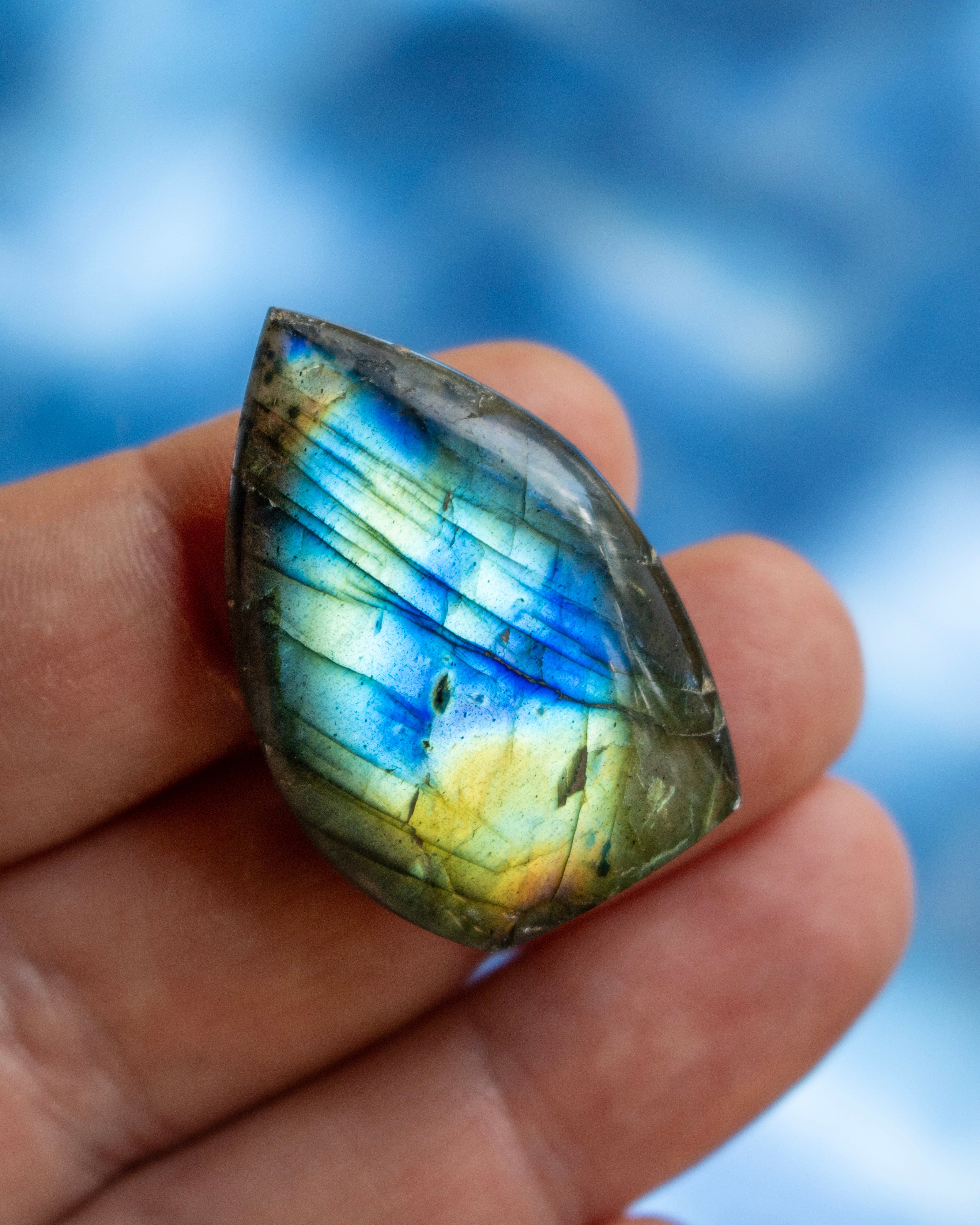 A hand holding a polished labradorite gemstone showing vibrant blue, green, and gold iridescent flashes against a soft, out-of-focus blue background.