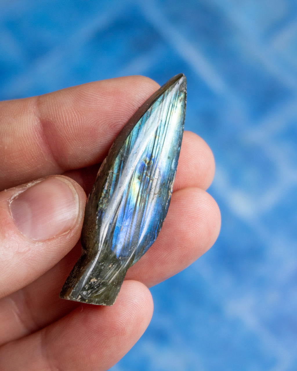 A hand holding a polished labradorite teardrop-shaped gemstone against a blue textured background.